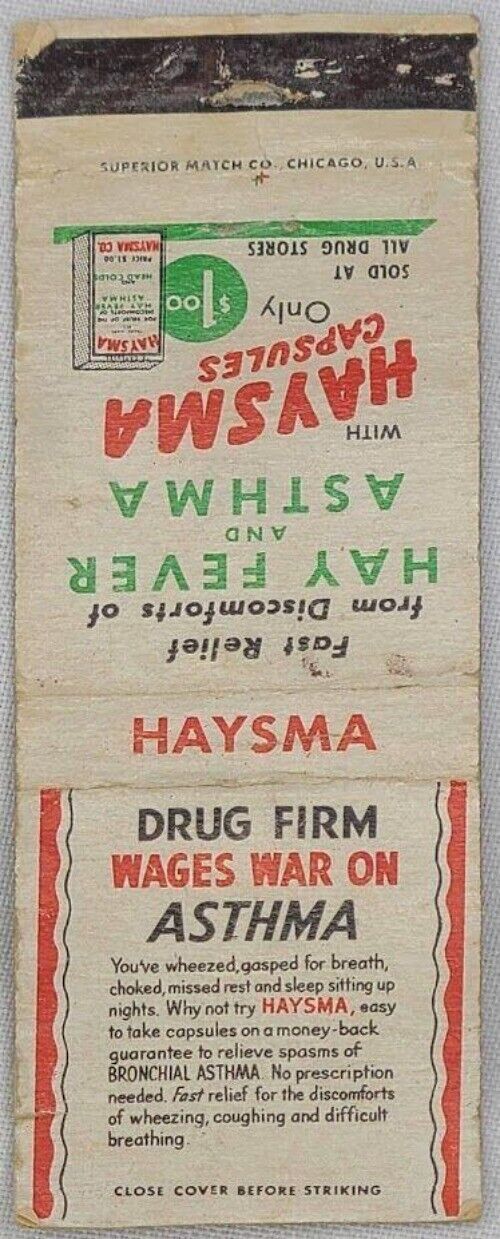 Matchbook Cover Haysma Advertisement Wages War on Asthma