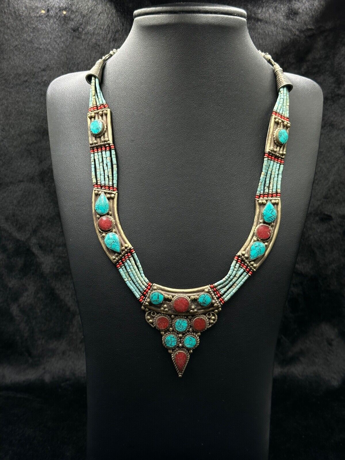 Vintage Nepali Tibetan Beautiful Design Necklace With Turquoise And Coral Stone