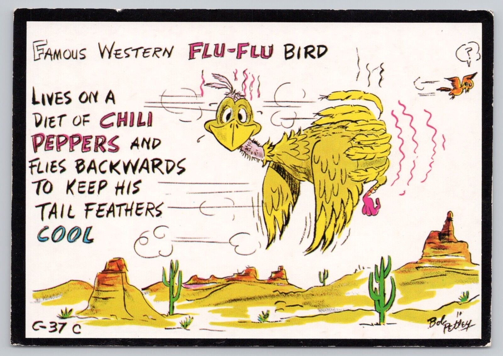 Desert Flu-flu Bird Eats Chili Peppers Flies Backwards Comic Humor, VTG Postcard