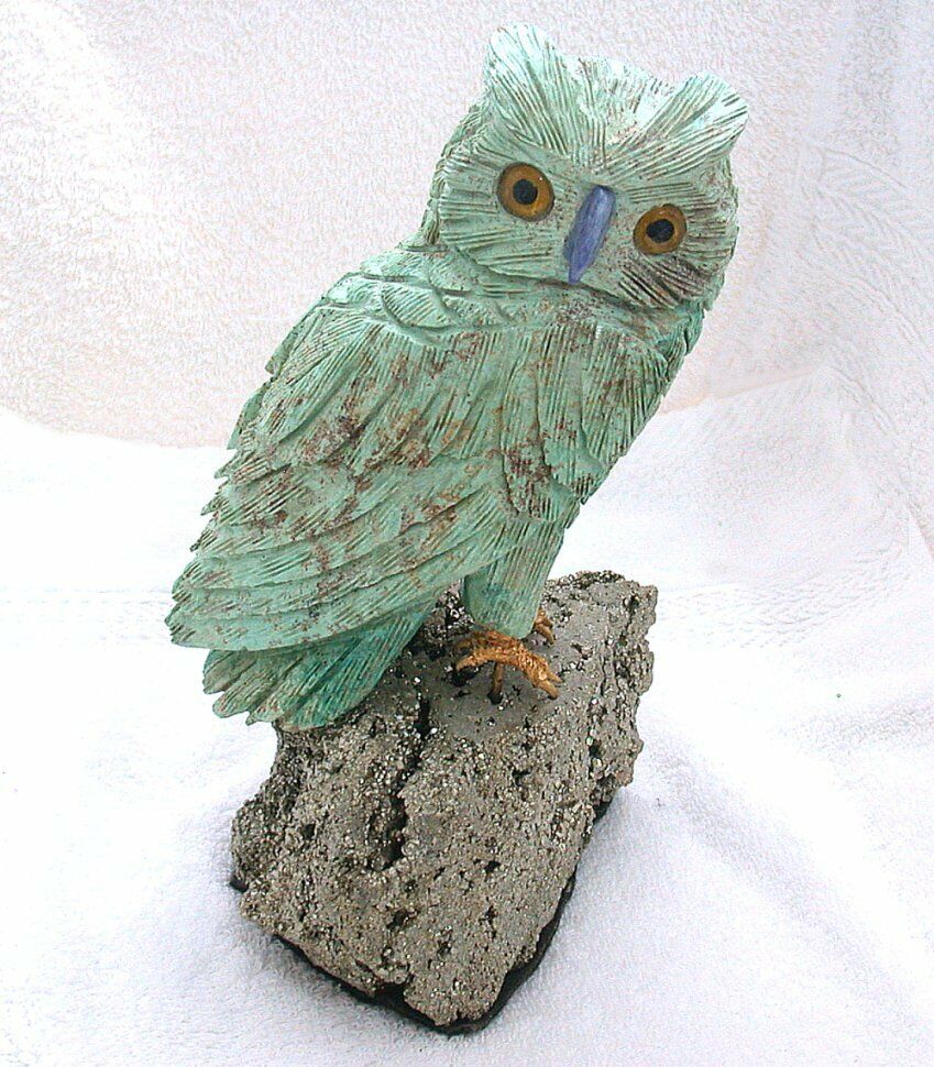 LARGE 6 Lb 11.3 oz Carved Chrysocolla Jasper Owl Bird Carving Pyrite Base EB45