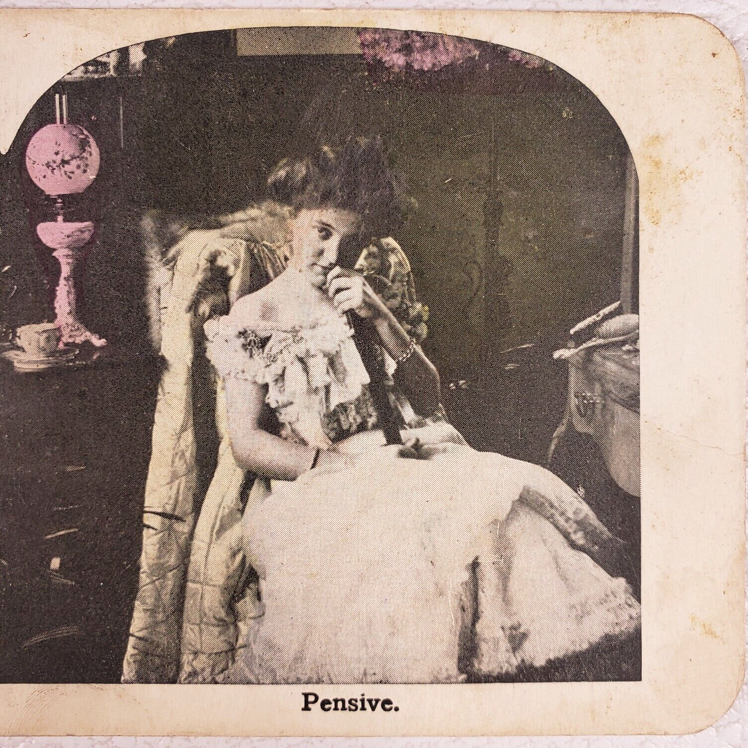 Pensive Pretty Young Lady Stereoview c1905 Woman Lamp Girl Portrait Card N109