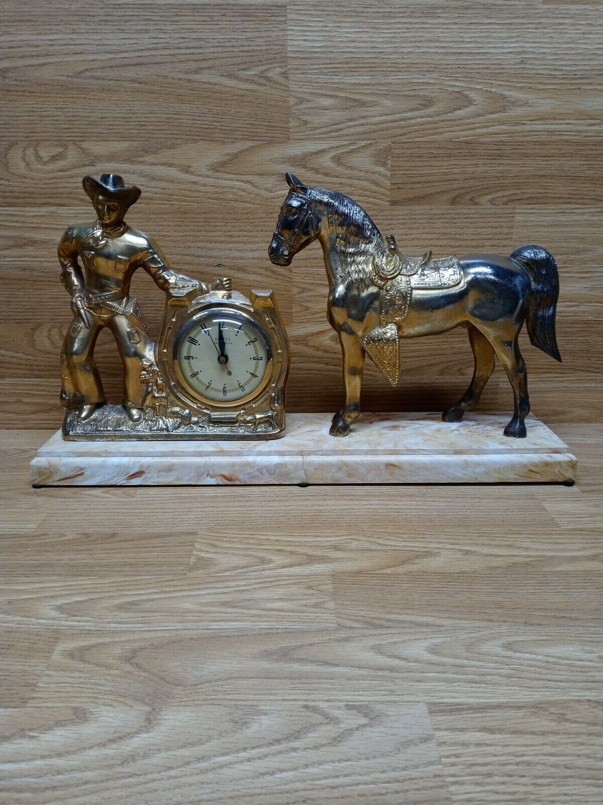 Roy Rogers and Trigger Bronze Clock Self Starting Vintage 1950s For Parts/Repair