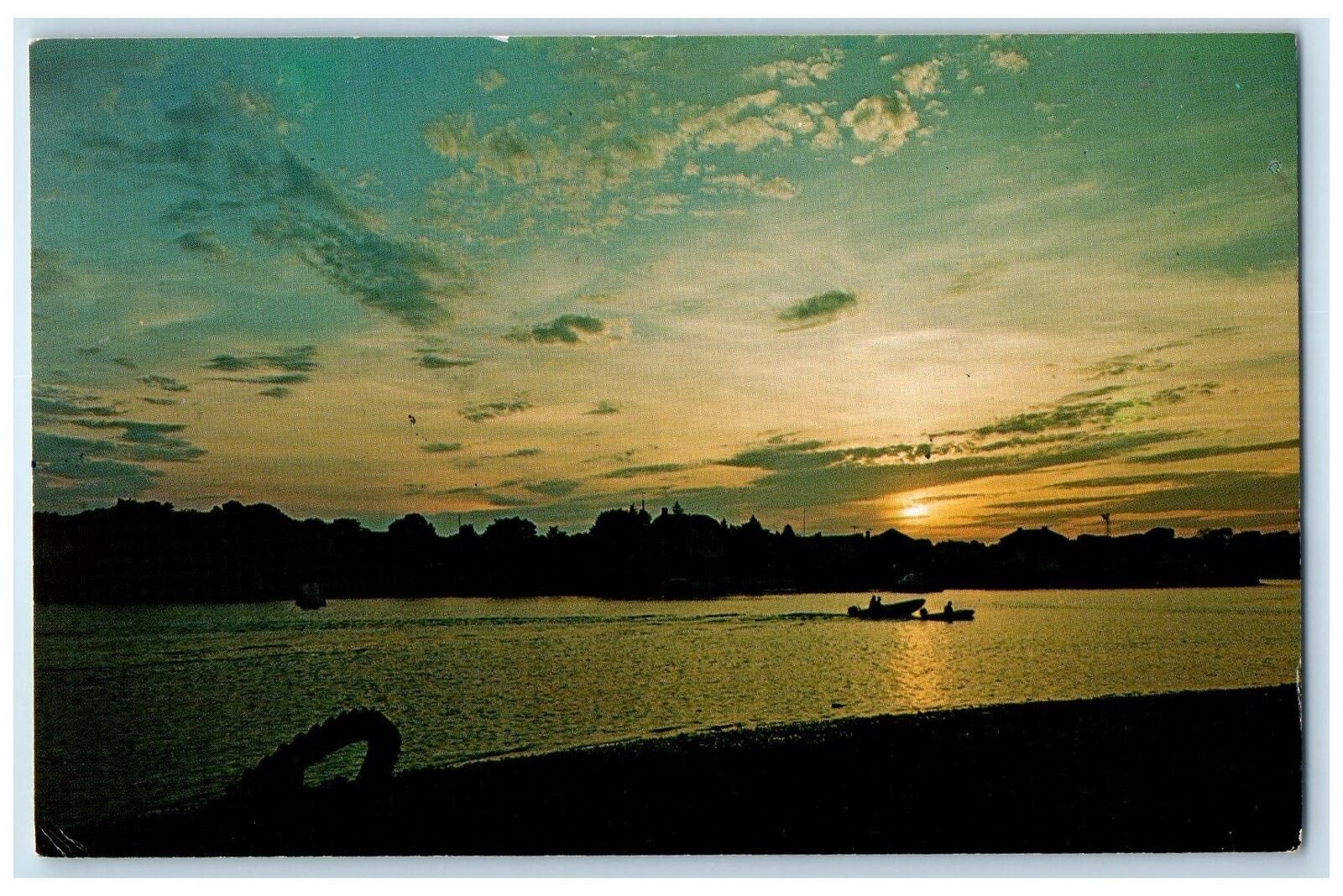 c1960s Sunset Lewis Bay Hyannis Cape Cod Massachusetts MA Unposted Boat Postcard