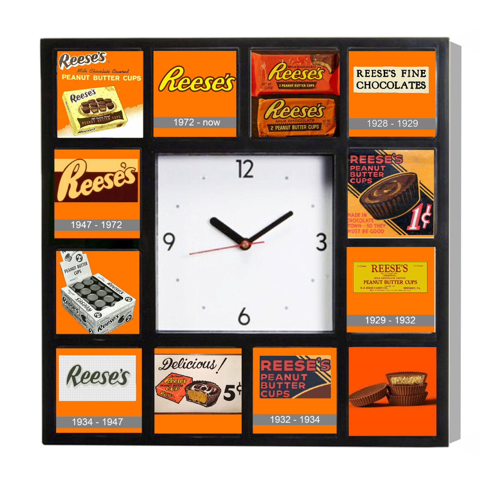 Reese's Peanut Butter Cup retro history ad Clock with 12 pictures