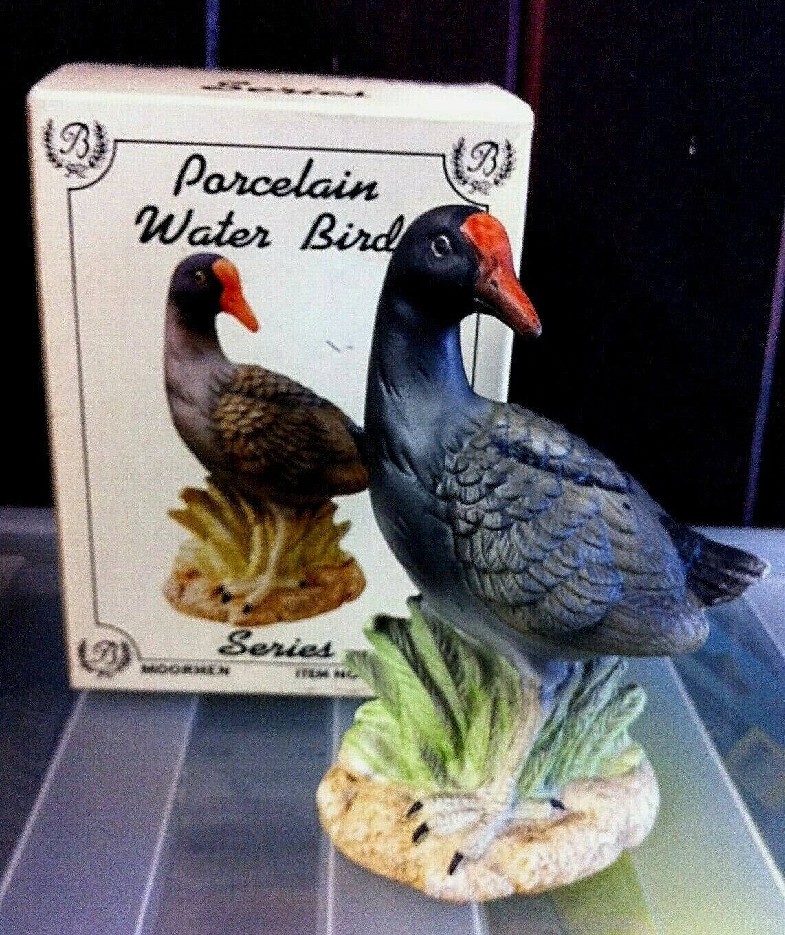 Two S. & I. BOND LTD London. Porcelain Water Birds MOORHEN or GREY HERON In Box