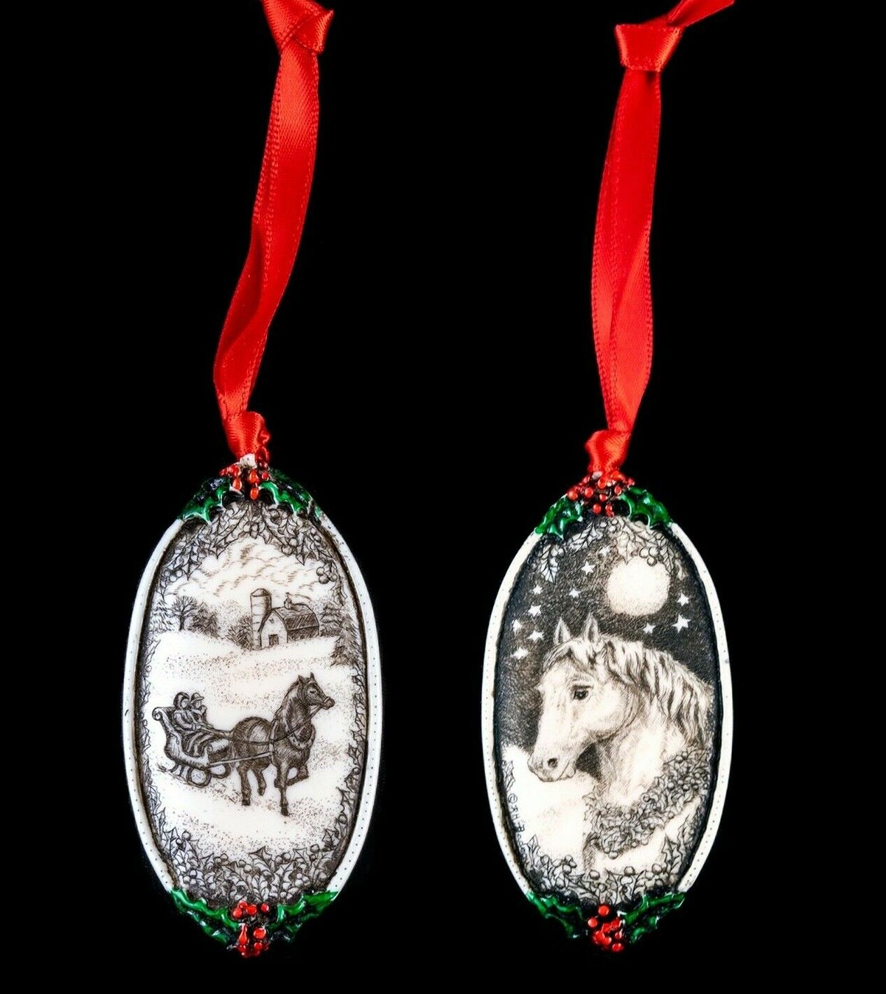 Double Sided Horse Themed Ornament.  Moosup Valley, Rachel Badeau, Etched