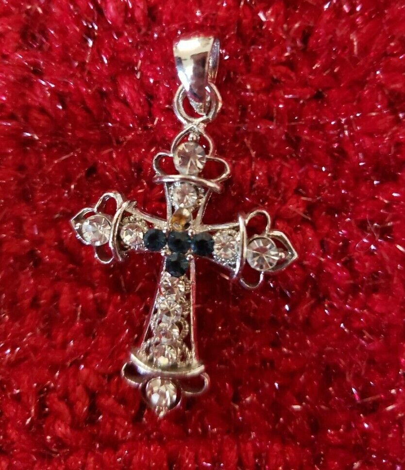 VTG, silver Tone catholic holy pectoral cross pendant,clear & Dark Blue Stones.