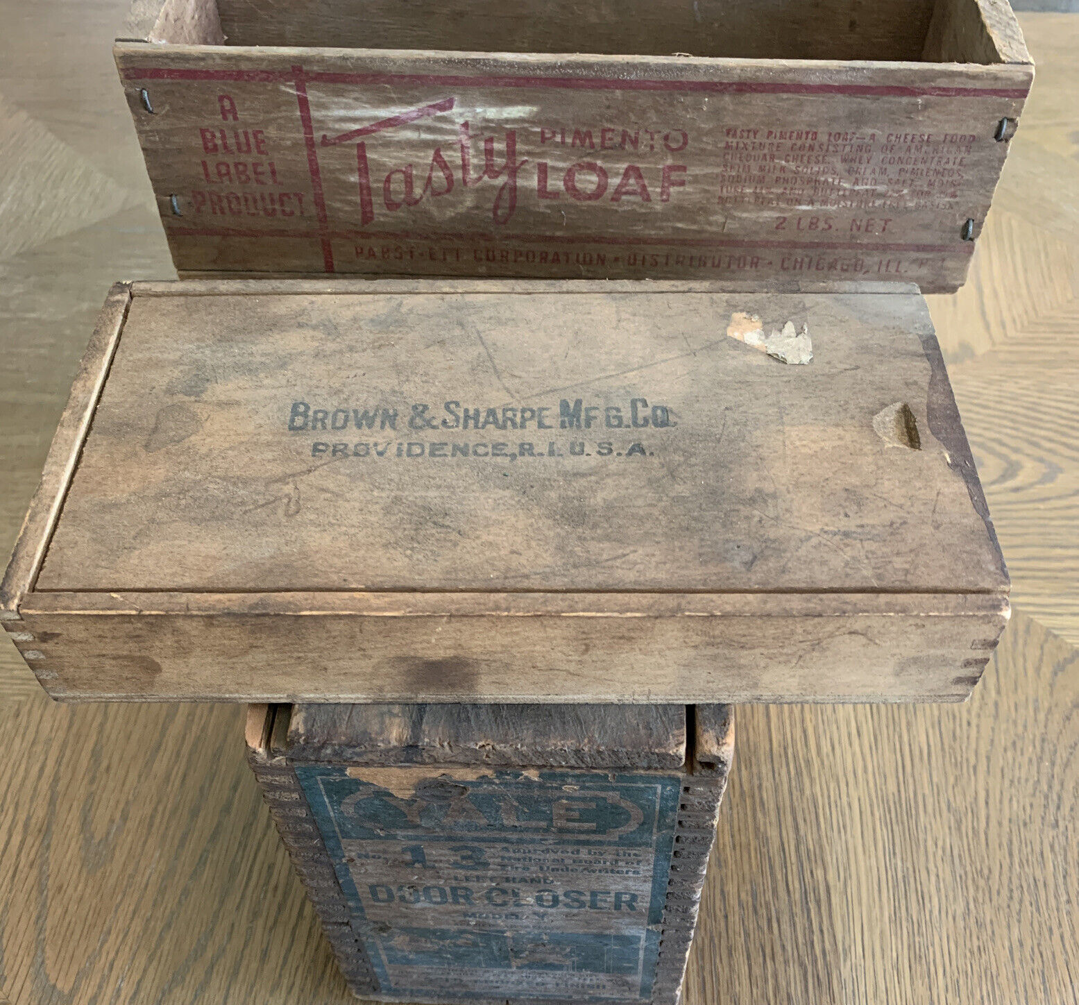 3 - Vintage Wooden Boxes Incl Tasty Pimento Loaf 2lb - Advertising - 9.25\