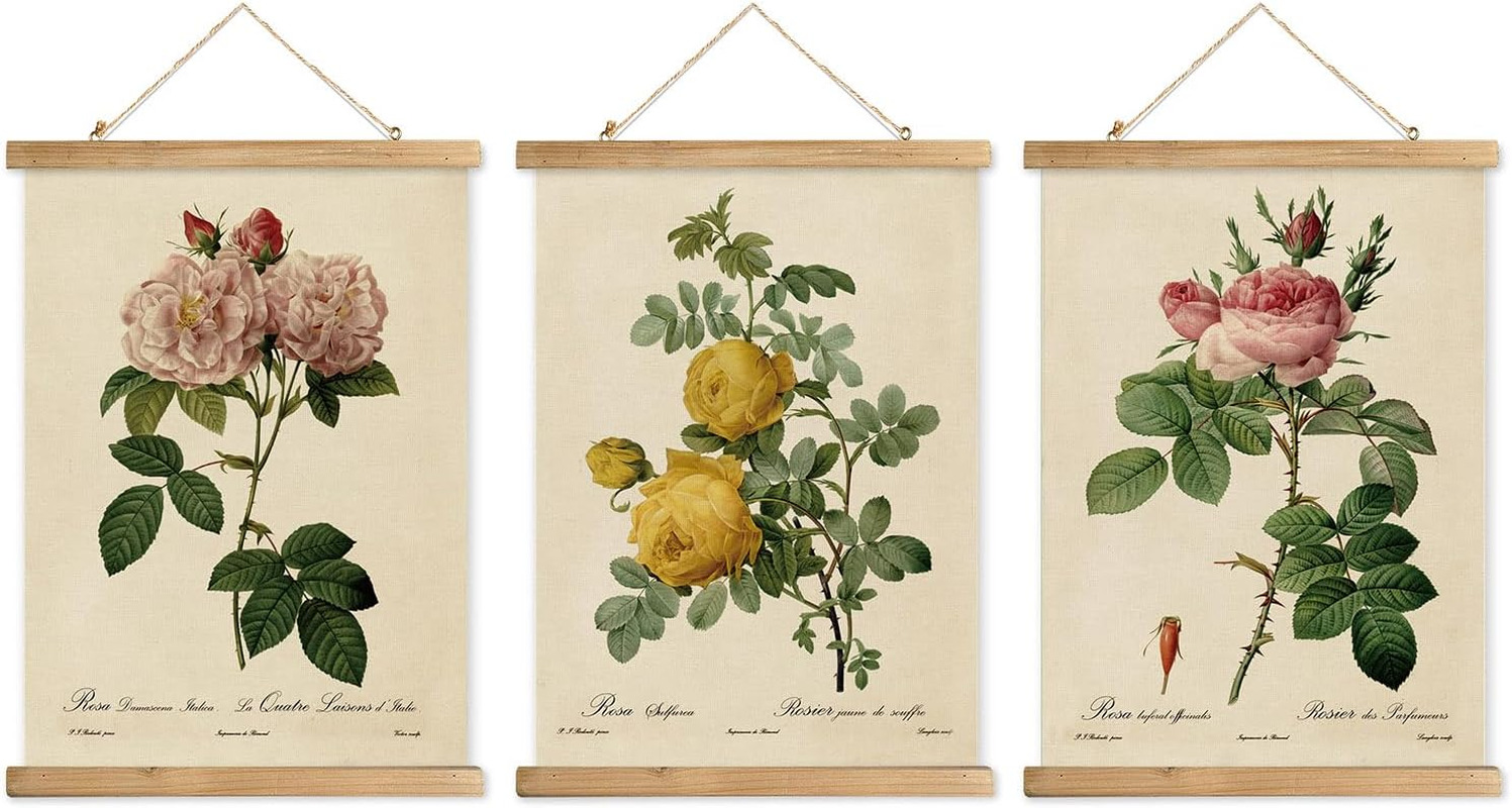 Rose Botanical Art Posters with Wooden Hanger Frame 3-Pack, Elegant Floral Wall 