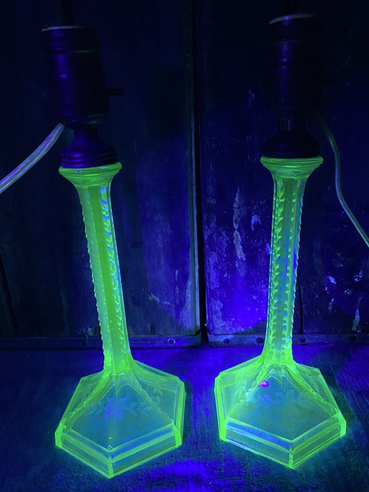 Pair Of Vintage Green Depression Glass Vaseline Lamps 12”
