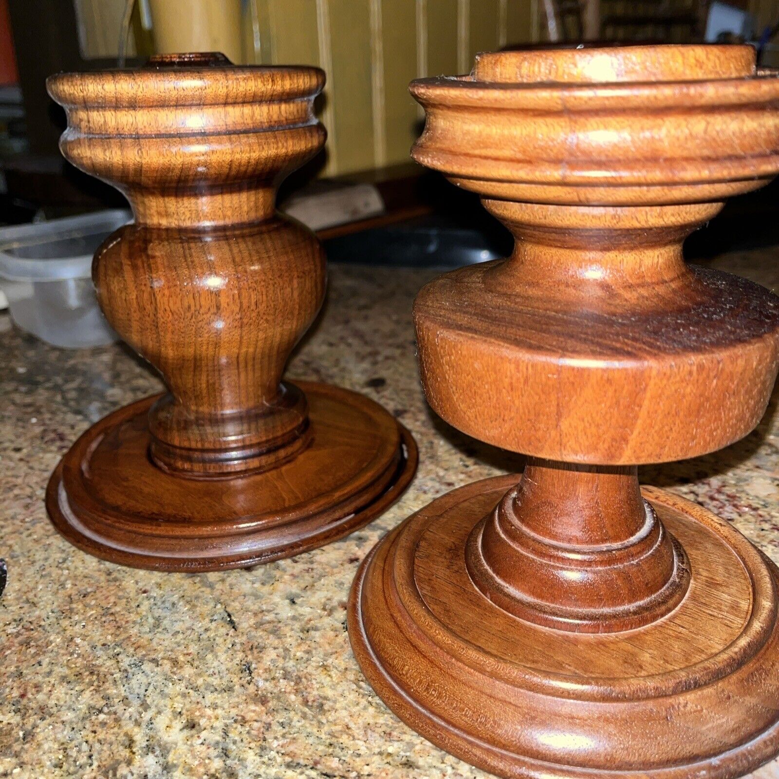 PAIR MCM WOOD COMPLIMENTARY PILLAR CANDLE HOLDERS 7” Vermont Vintage