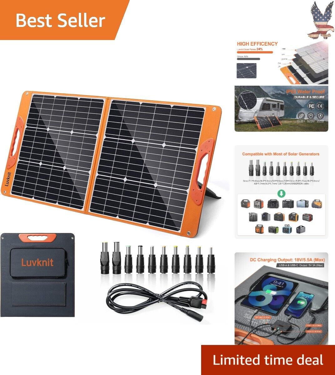 Portable 100W Camping Solar Panel - High Conversion Efficiency - Waterproof