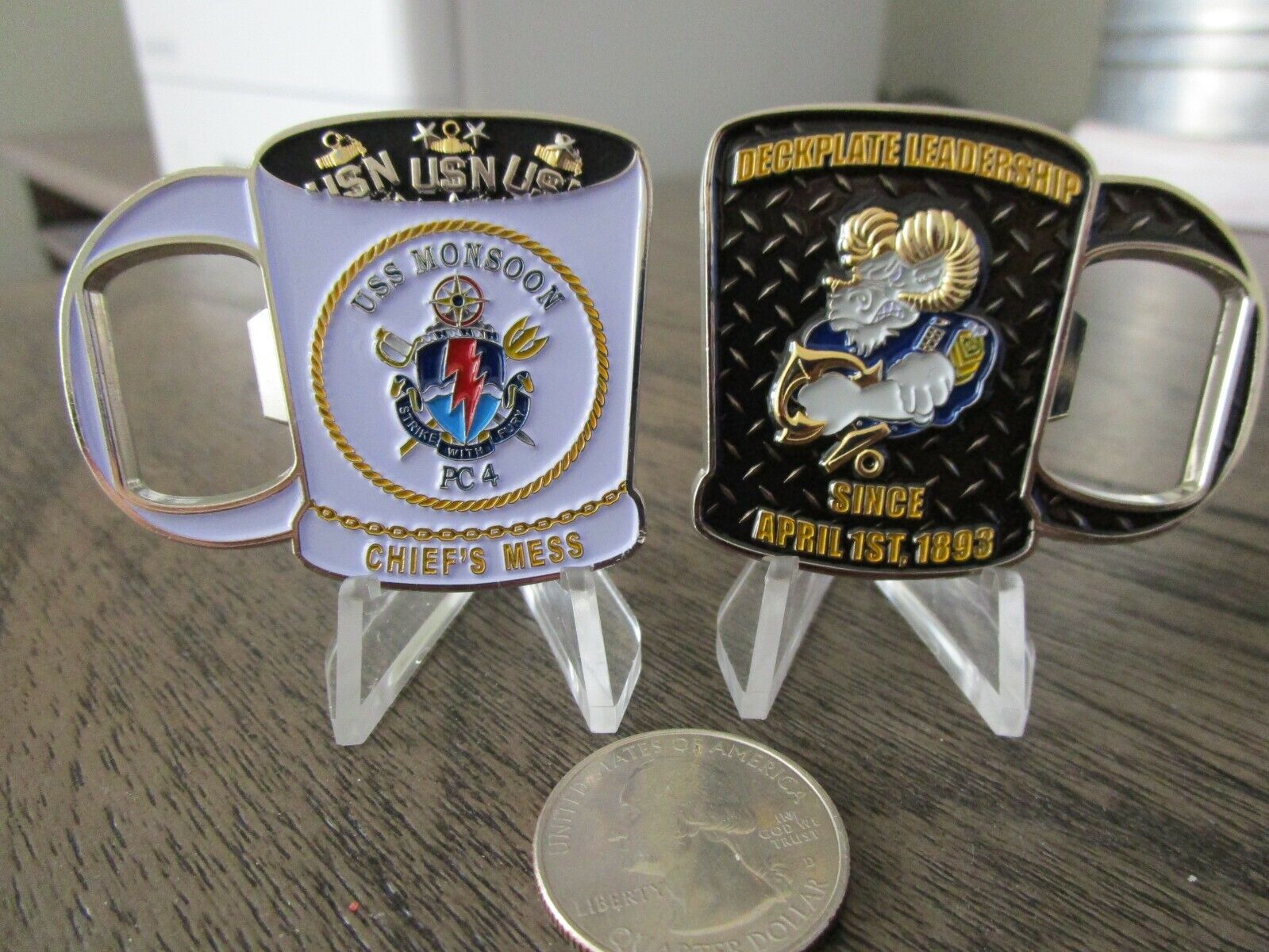 USS Monsoon PC 4 CPO Chiefs Mess USN Coffee Mug Bottle Opener Challenge Coin
