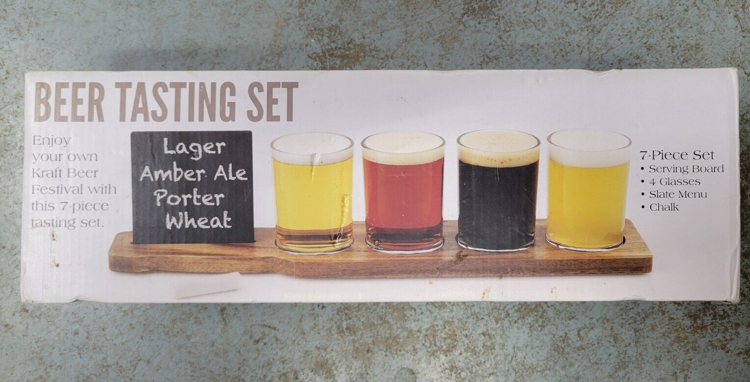 New  Beer Tasting Kit 7 Piece Set - Serving Board, 4 Glasses, Slate Menu, Chalk