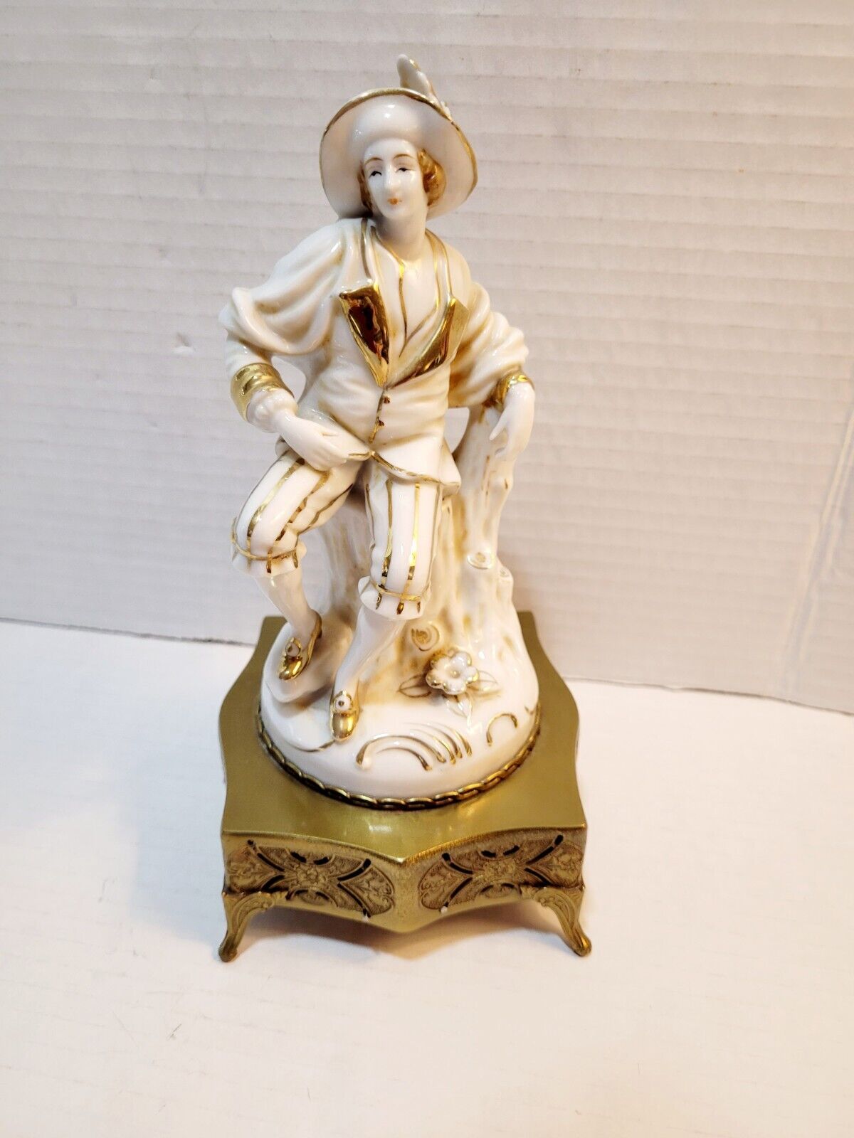 Antique Vintage Porcelain Brass Figurine Hand Painted Music Box French 1930\'s 