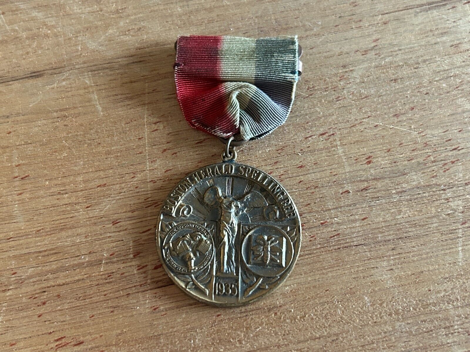 Boston Herald Spelling Bee Medal FOB Award Badge Ribbon Pin 1935 Grade Champion