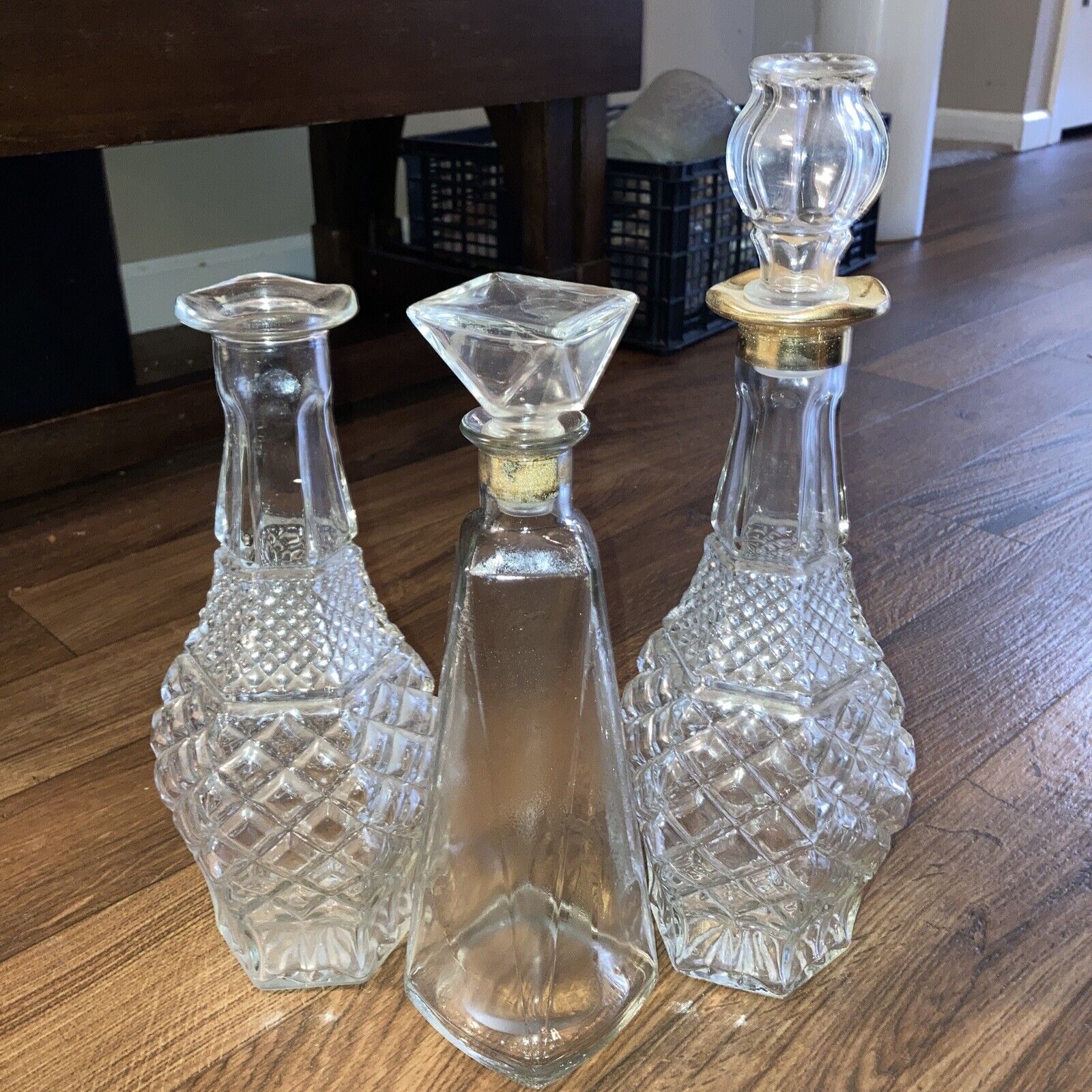 3 Vintage Glass Bottles Cut Glass Decanters