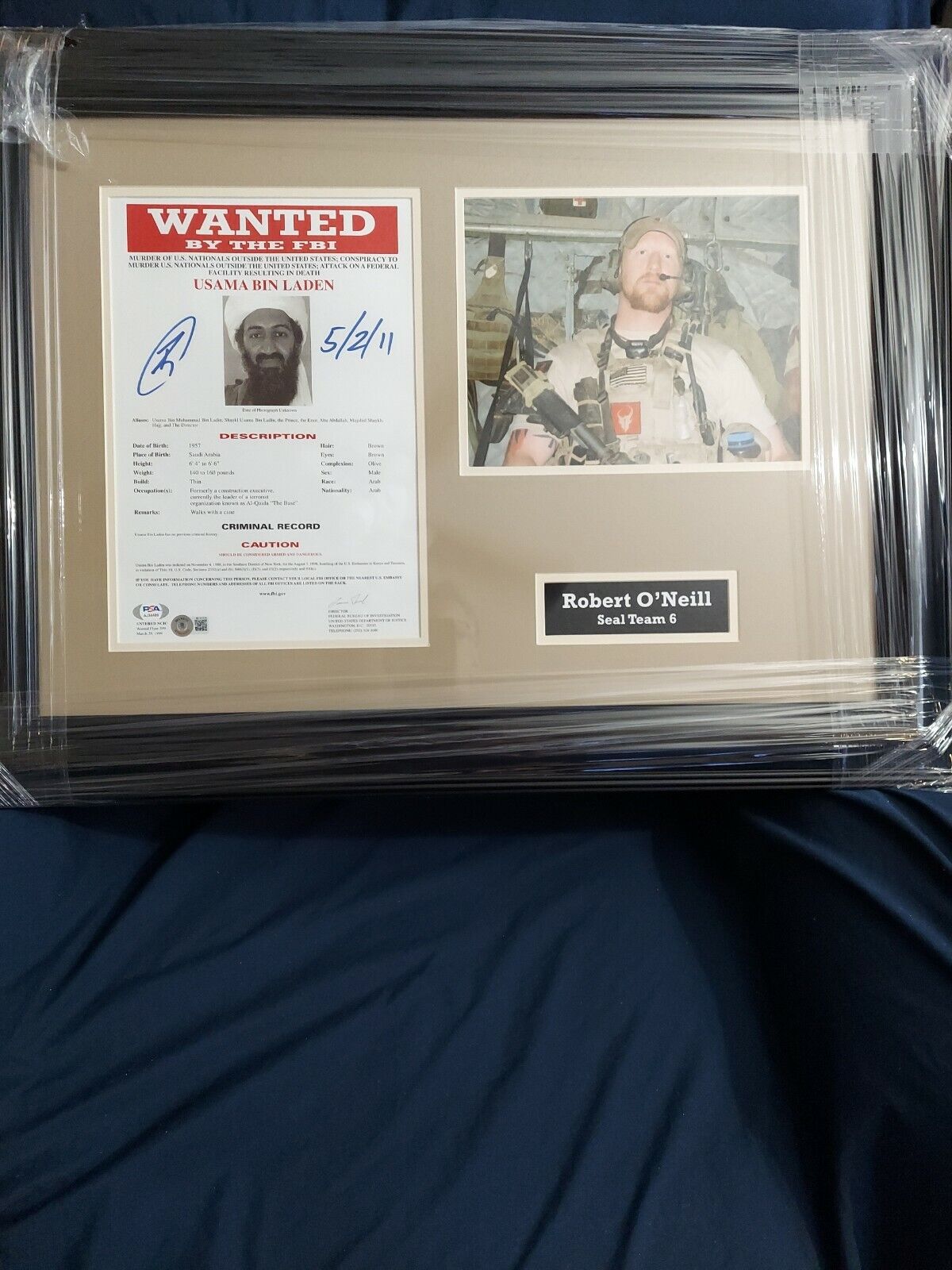 Robert O'Neill Signed Wanted Poster Framed And Matted PSA/DNA