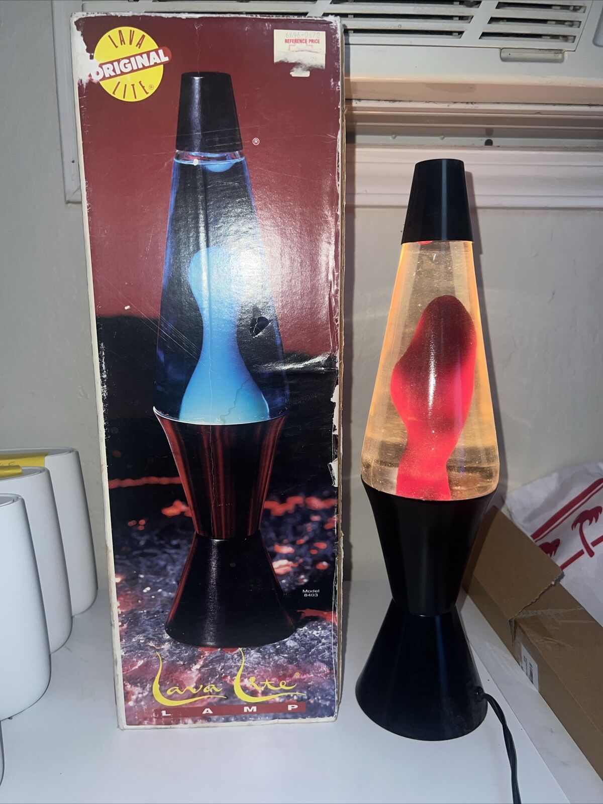 Vtg 1990's Lava Lite Lava Lamp- Black  Midnight Series Yellow Liquid / Red Lava