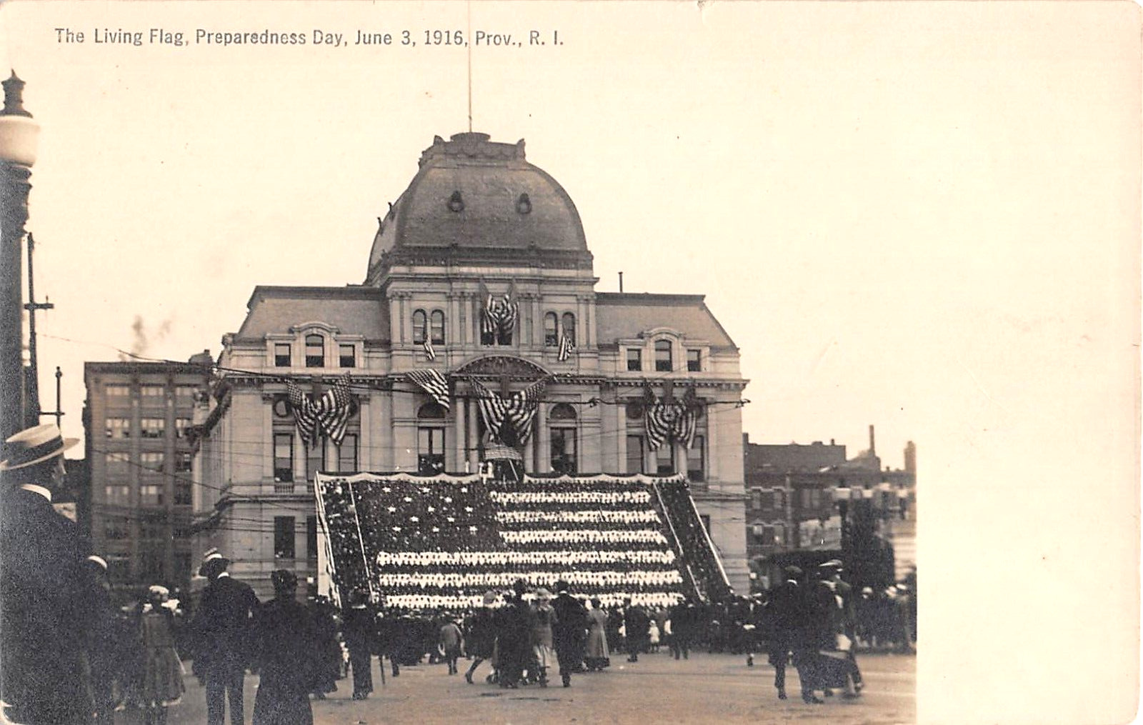 1916 RPPC Preparedness Day June 3 Living Human Flag City Hall Providence RI