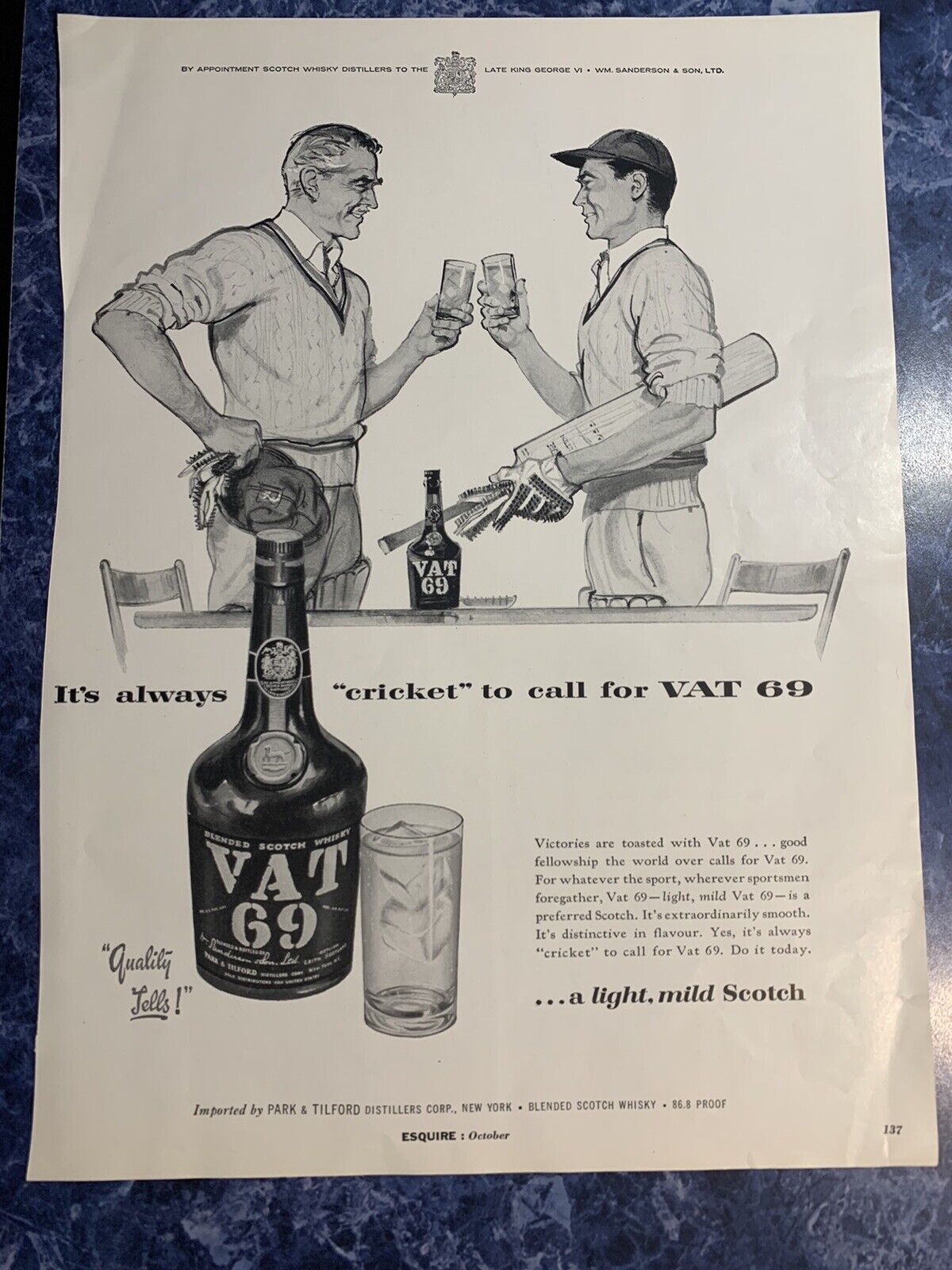 1955 Cricket sportsmen club VAT 69 Scotch retro art print ad L94