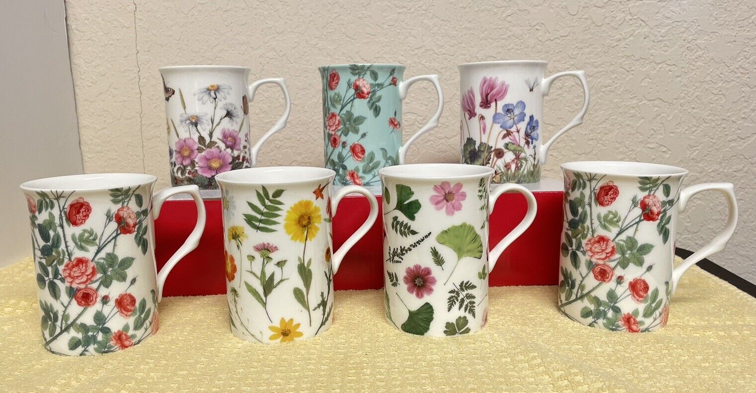 Set of 7 Different Stechcol Gracie Fine Bone China Floral Mugs