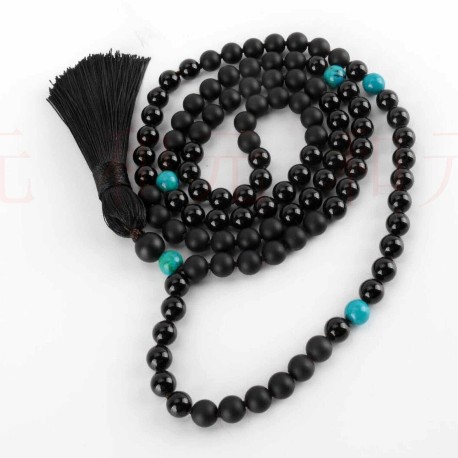 6mm 108 Natural black agate Lava  turquoise knot necklace Dark Matter Fancy