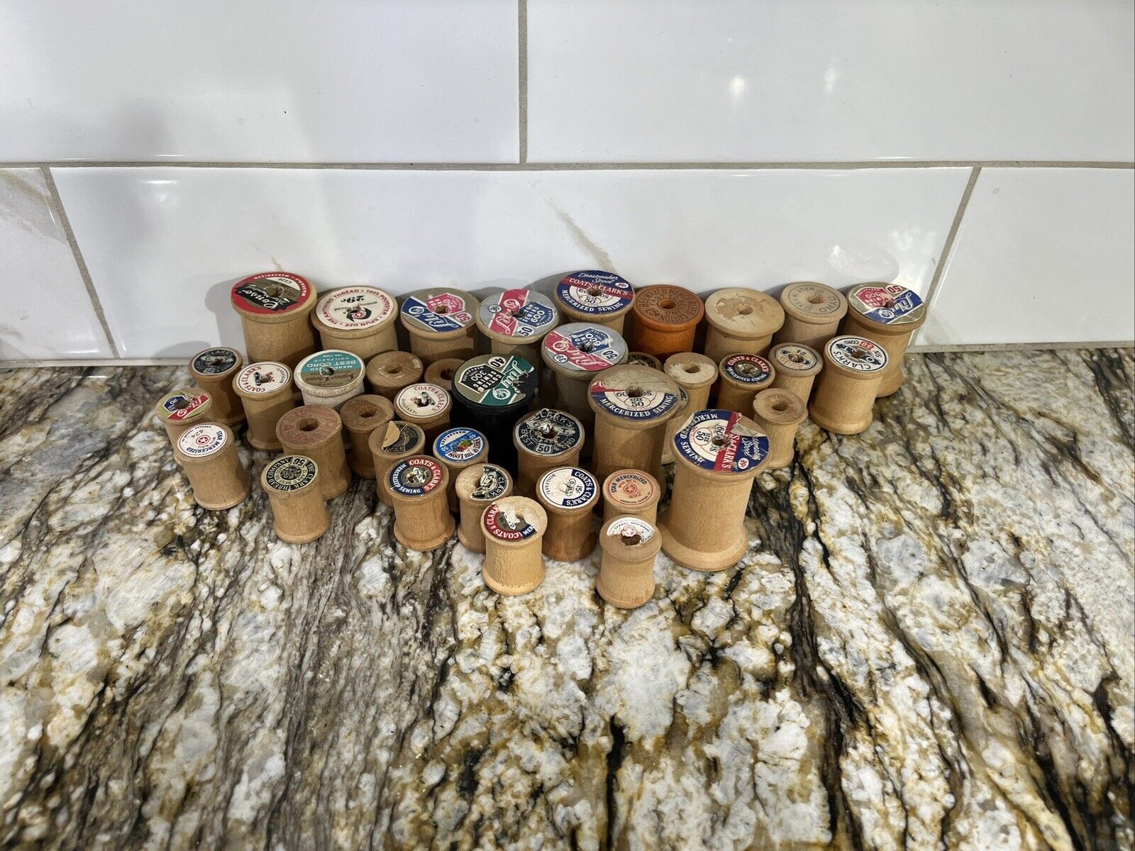 Vintage  and  Lot of 40 Wooden Empty Sewing Thread Wood Spools Many Brands