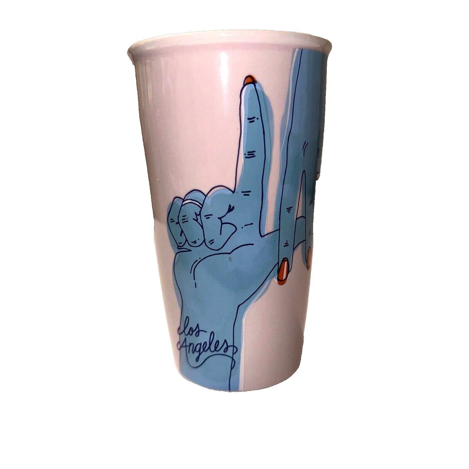 Starbucks Los Angeles LA Blue Hands Ceramic Pink Travel Tumbler Mug 12 ounce lid