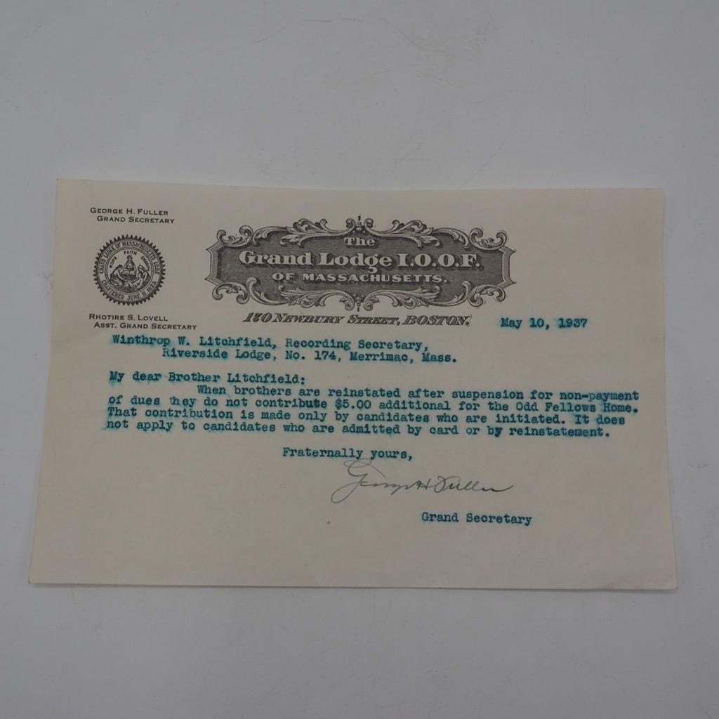 Vintage Grand Lodge Massachusetts Odd Fellows IOOF Correspondance Letter 1937