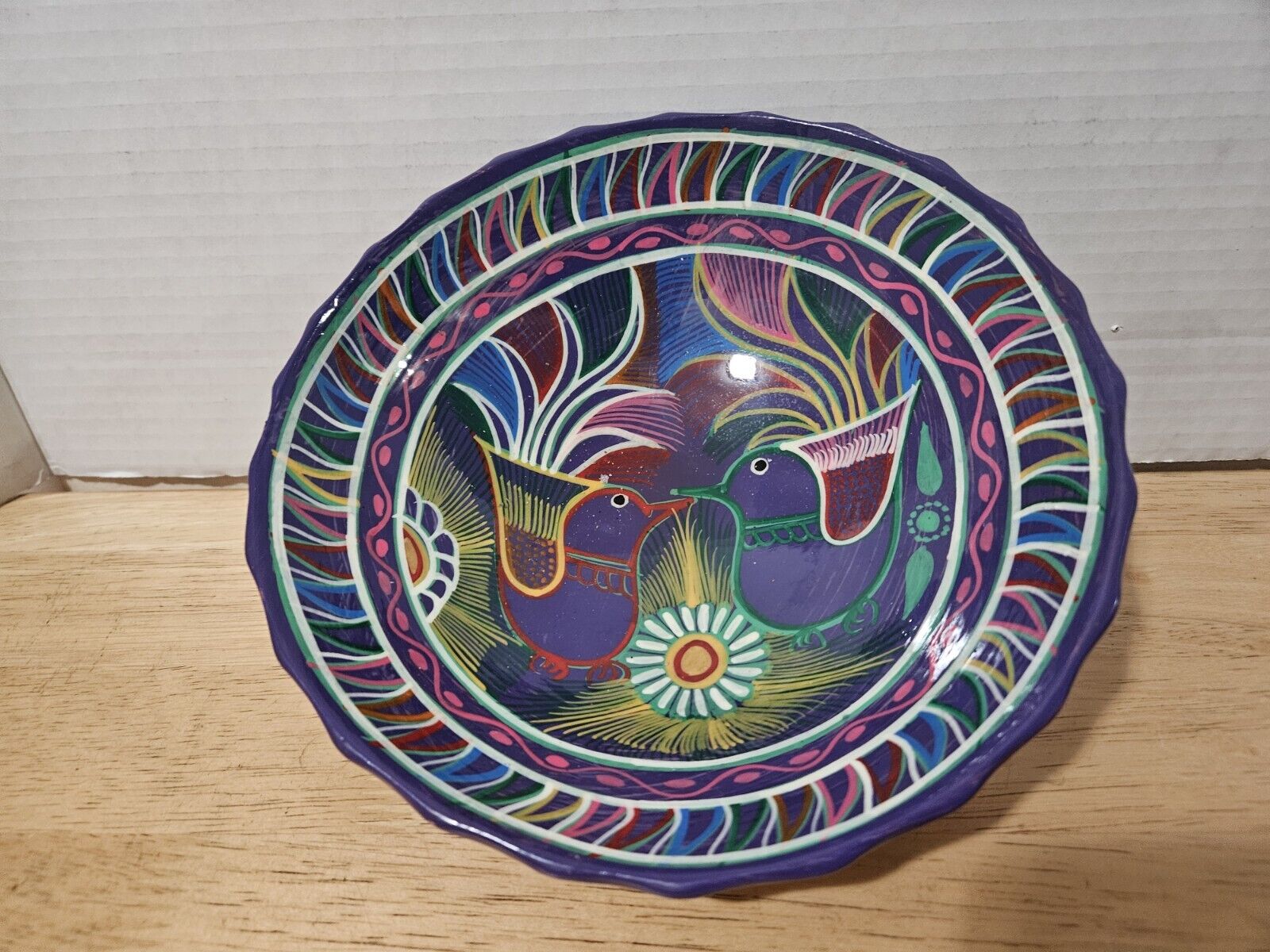 Vintage Talavera Mexican Folk Art Pottery Footed Bowl Love Birds Hand Painted 8\
