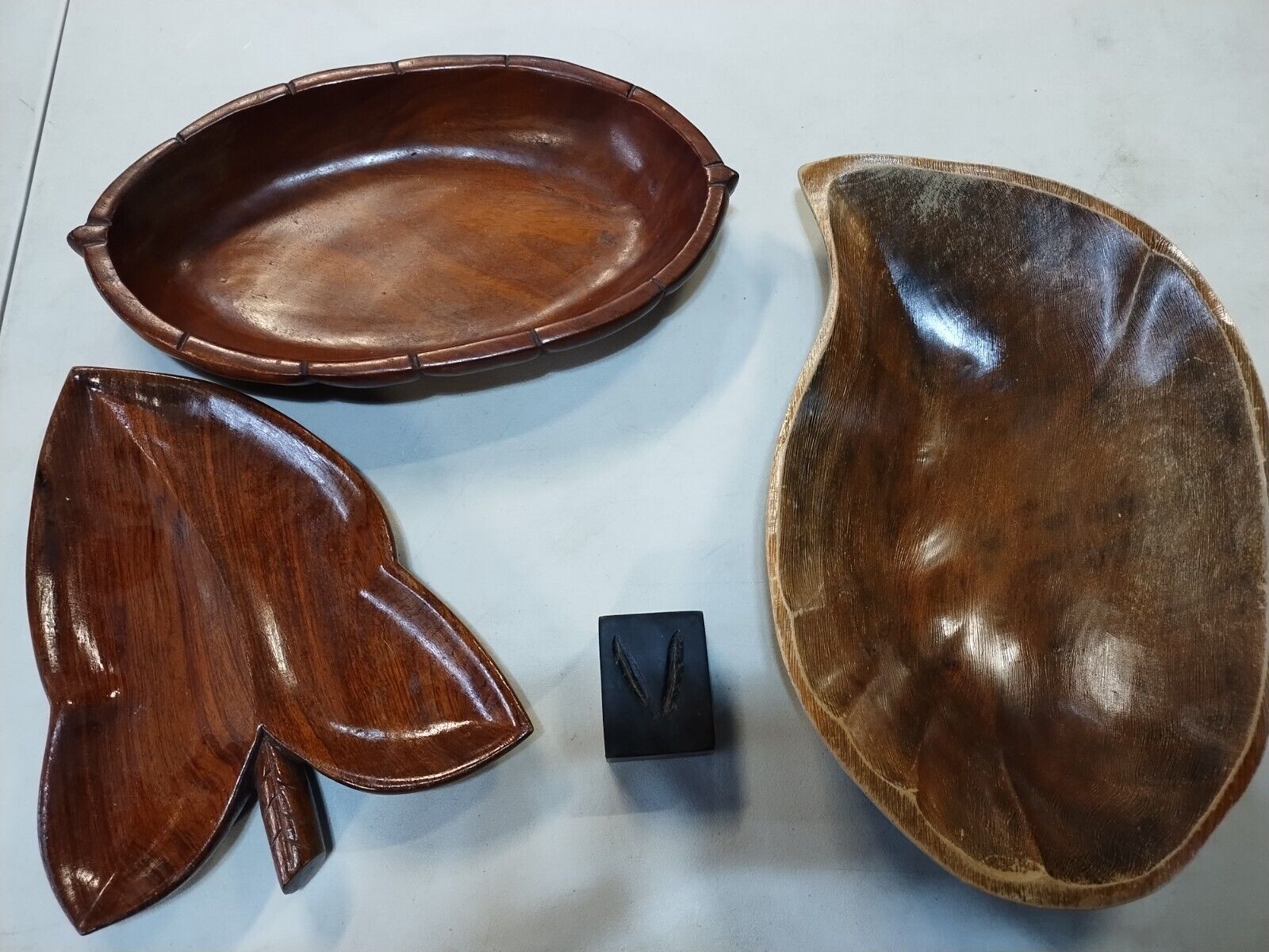 Vintage African Hand Carved-Ebony Wood Block + Wood / Pod Bowls - Cameroun
