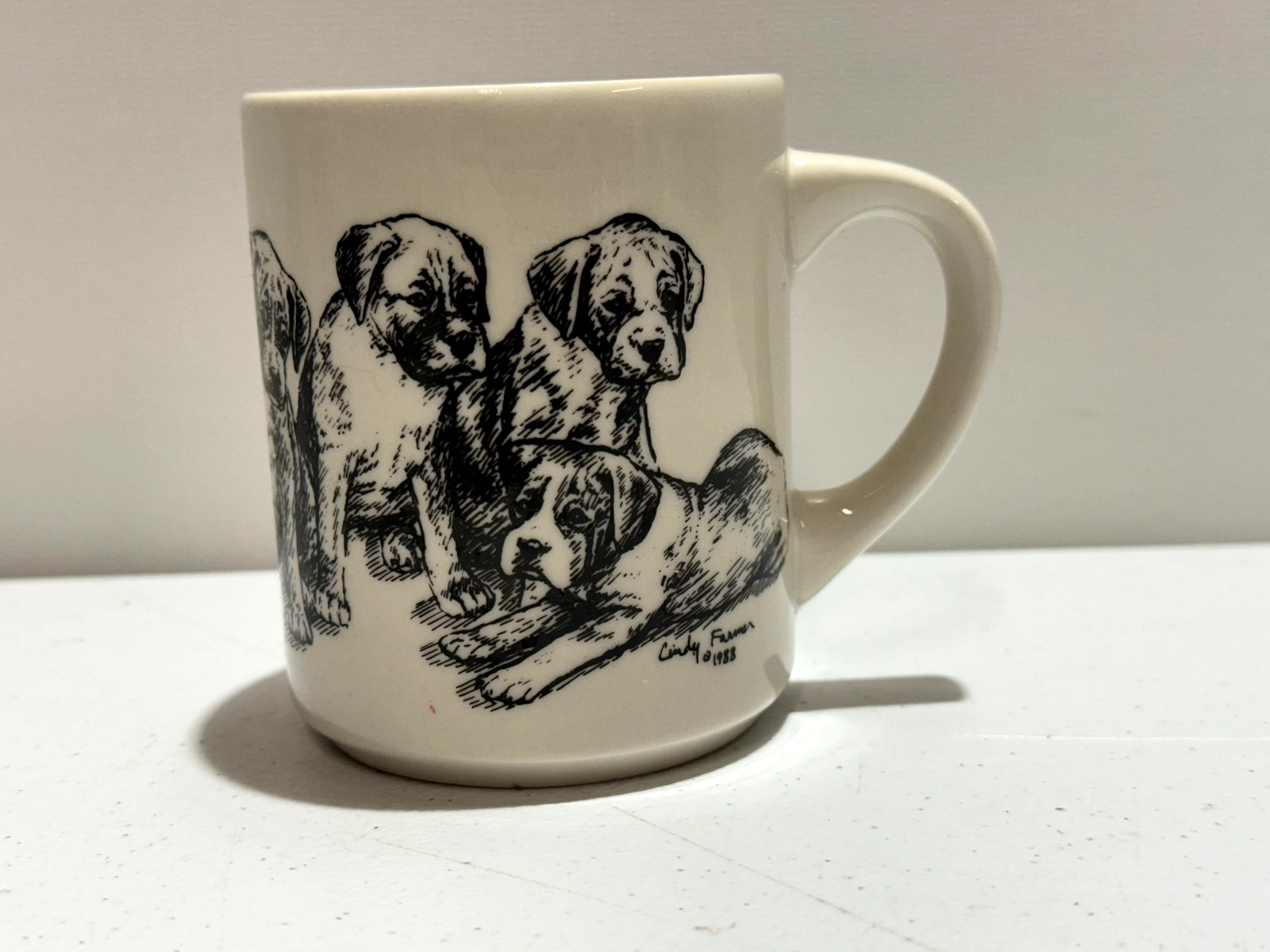 Vintage 1988 Cindy Farmer Boxer Puppies Sketch Dog Coffee Mug