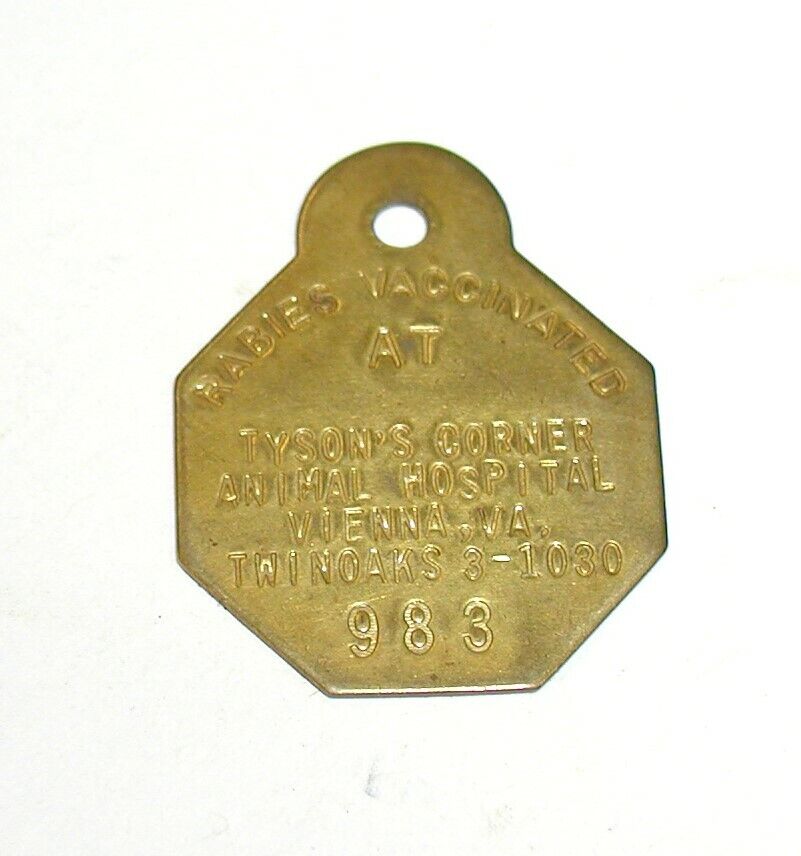 Tyson's Corner, Vienna Virginia~Brass Rabies Tag 1950s-60s~5 Digit Phone Number