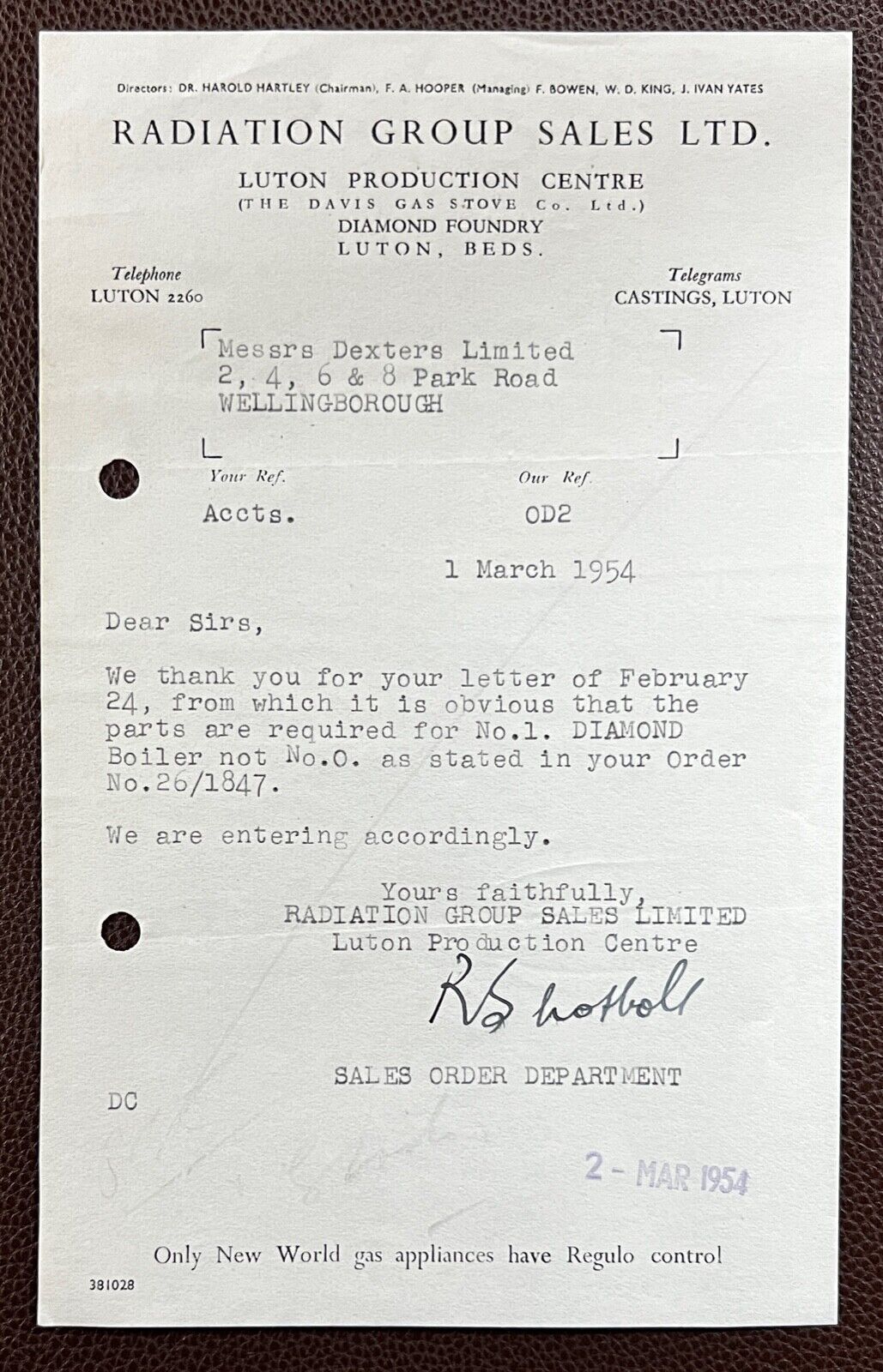 1954 Radiation Group Sales, Diamond Foundry, Luton, Beds Letter