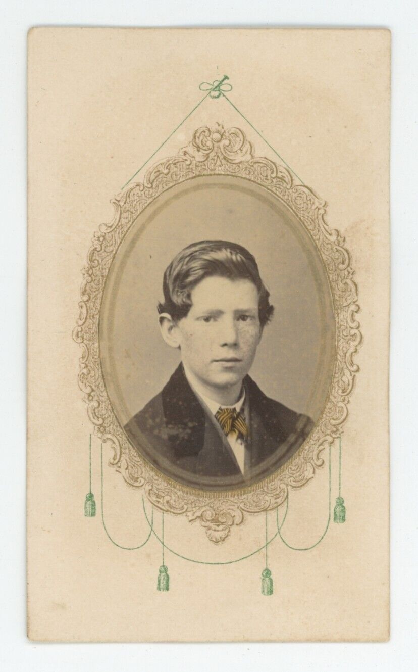 Antique Cartouche Style Hand Tinted CDV Circa 1860s Handsome Young Boy in Suit