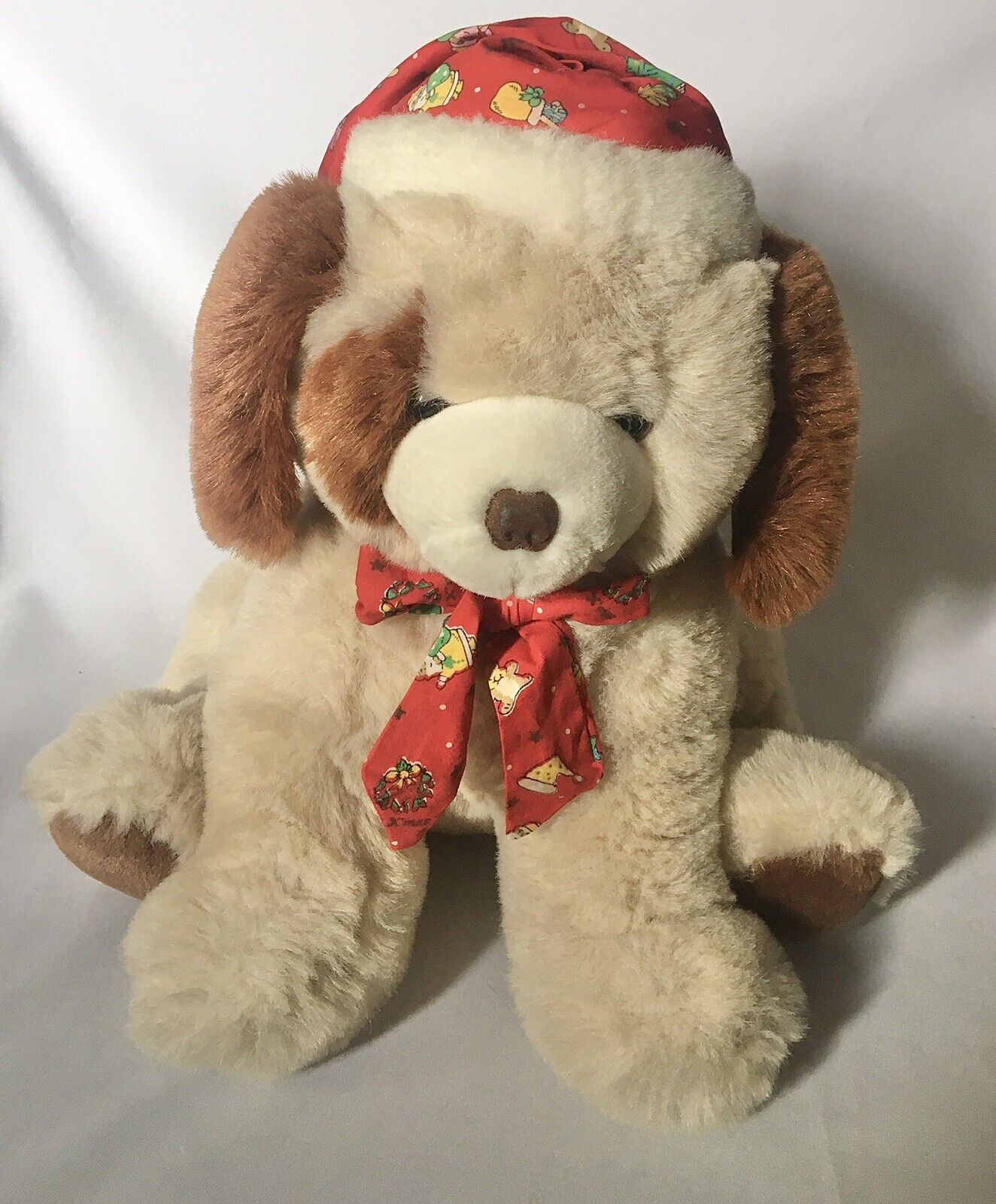 CHRISHA Playful Plush Vintage 1988 Christmas Puppy Stuffed Animal W/ Hat & Bow