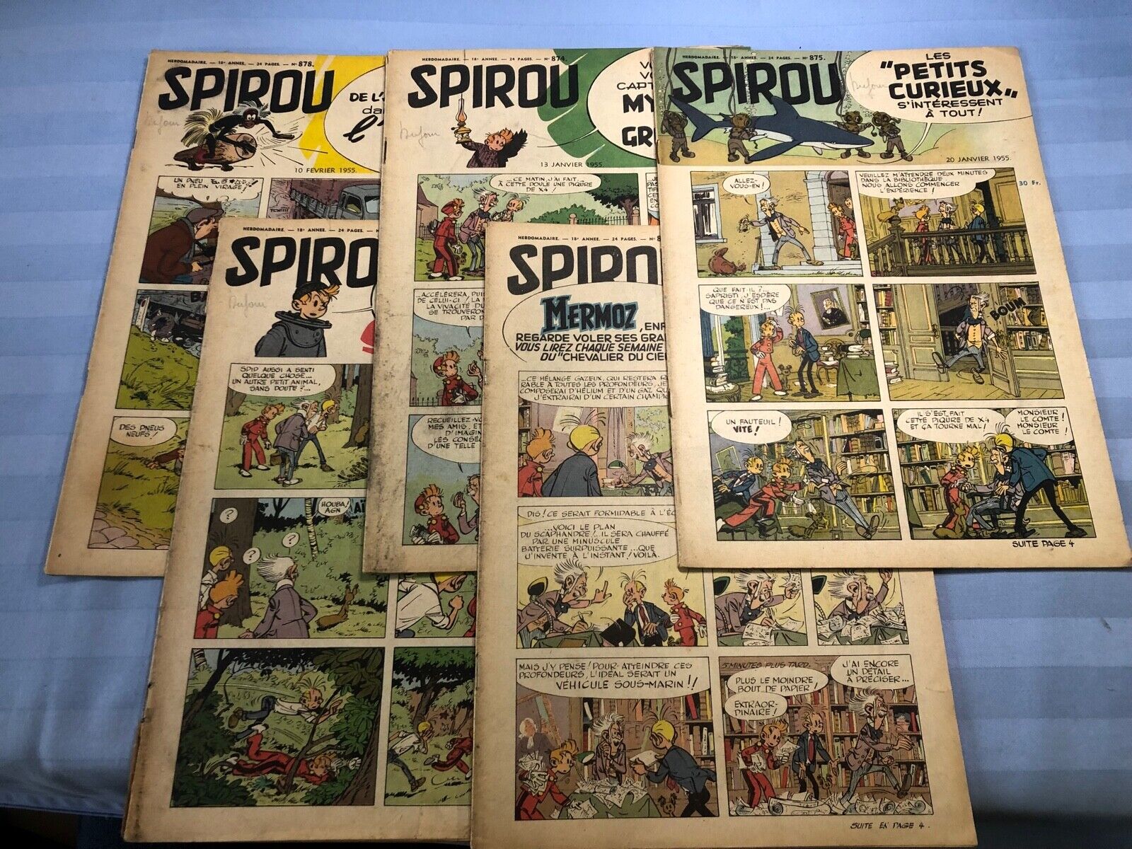 Spirou 1955 Weekly French Editions, set of 5, used 874 875 876 877 878