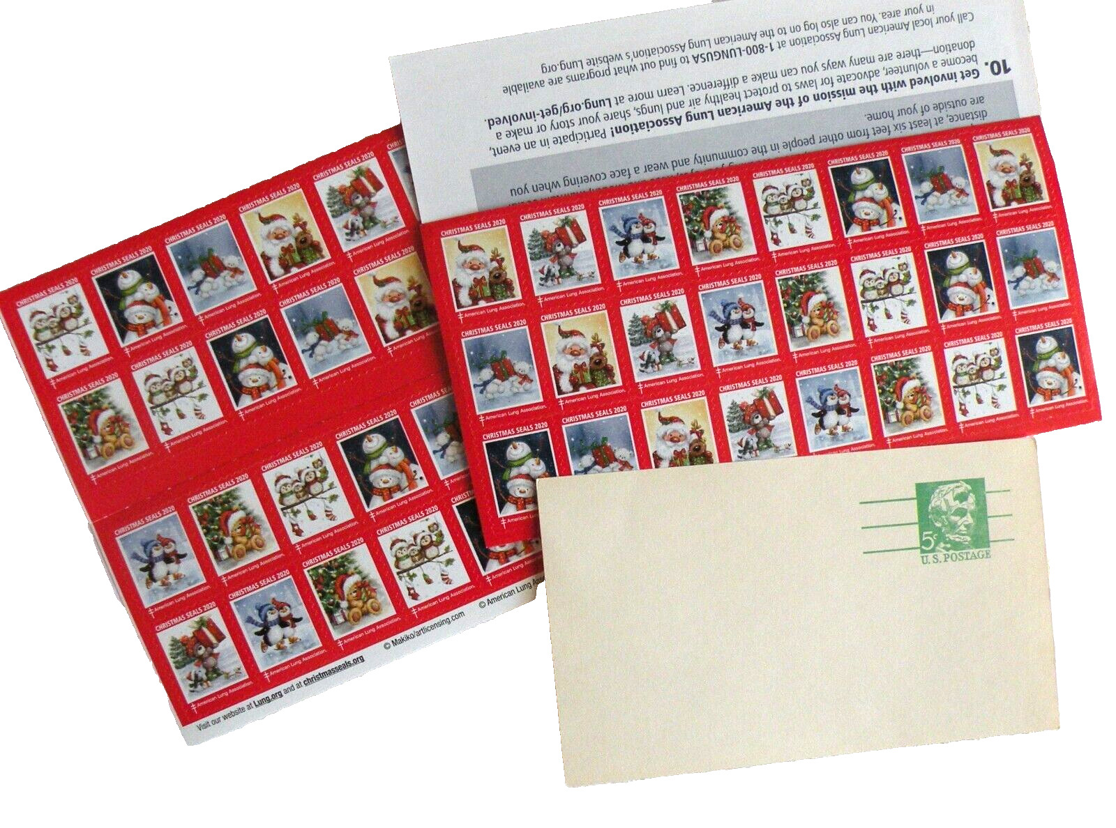AMERICAN LUNG ASSOC. 2-Sheets Christmas Seals Stickers 2020 - 5-Cent Postcard