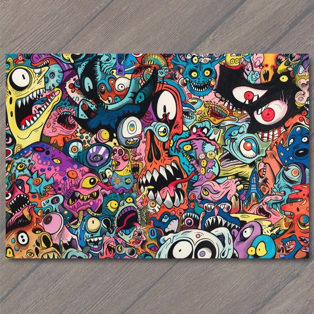 POSTCARD Monsters Colorful Trippy Psychedelic Surrealism Doodle Art Graffiti Fun