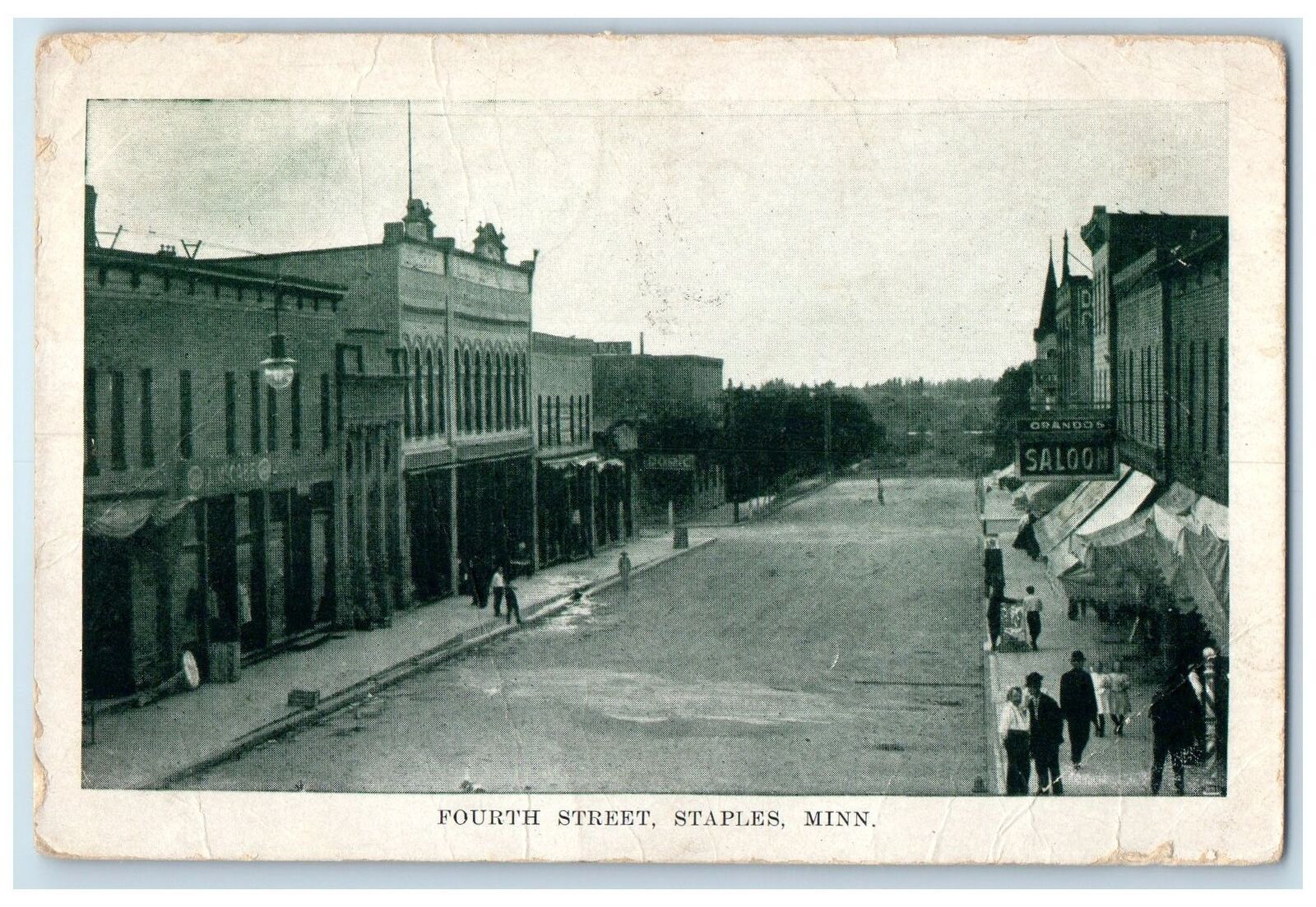 1913 Fourth Street Business District Staples Minnesota MN Posted Shops Postcard