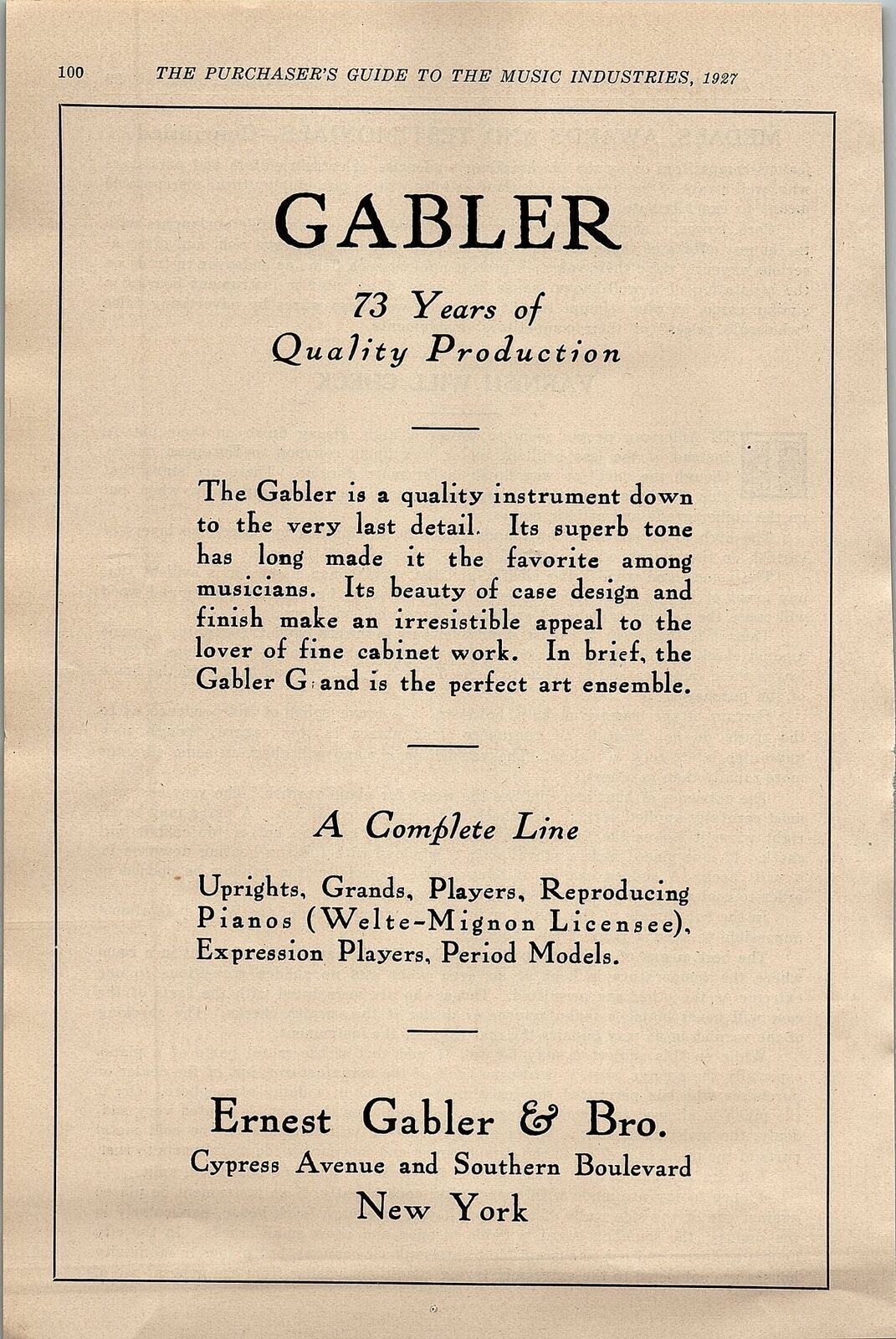 1927 ERNEST GABLER & BRO. PIANOS NEW YORK VINTAGE ADVERTISMENT 31-142