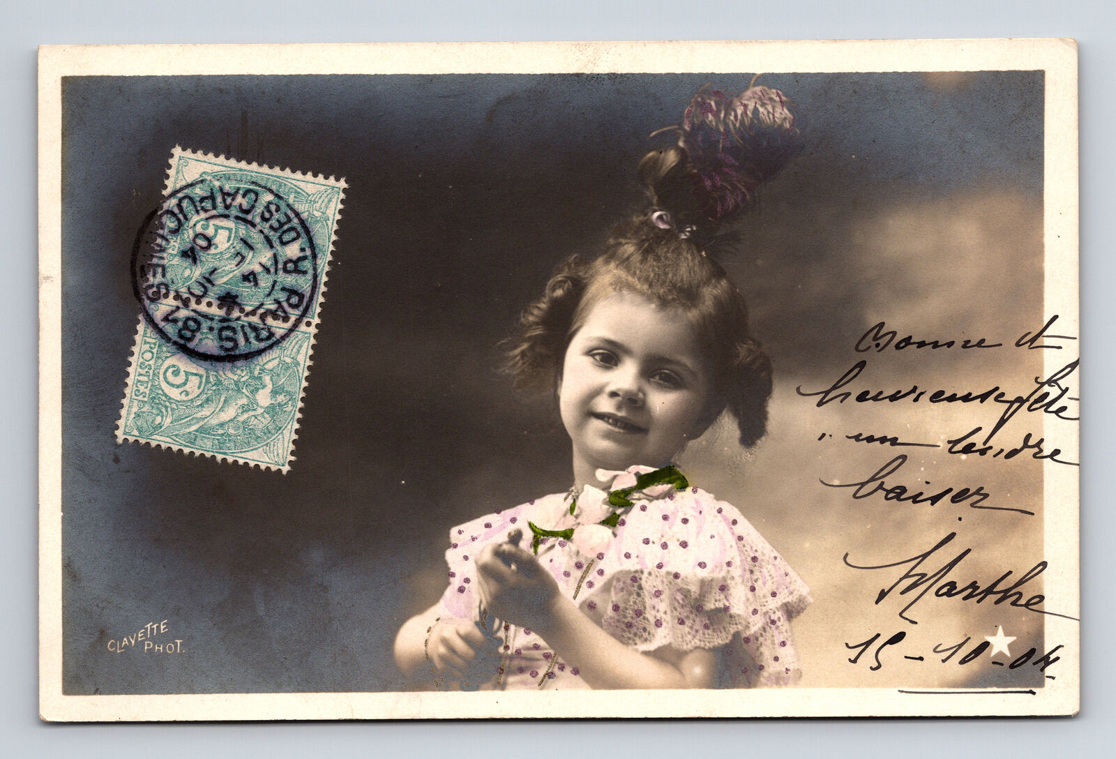 c1904 RPPC Portrait Young French Girl Crazy Hair Clavette Hand Colored Postcard