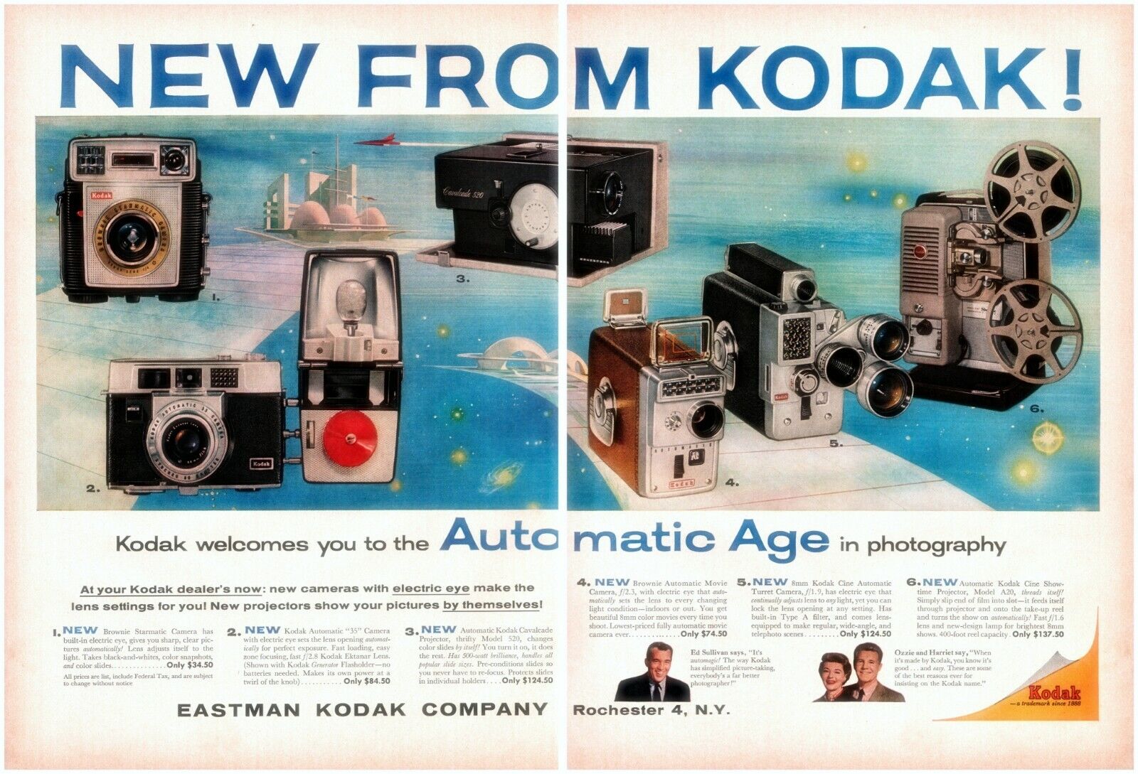 1959 Kodak TWO PAGE Vintage Print Ad Ed Sullivan Ozzie And Harriet Projectors 