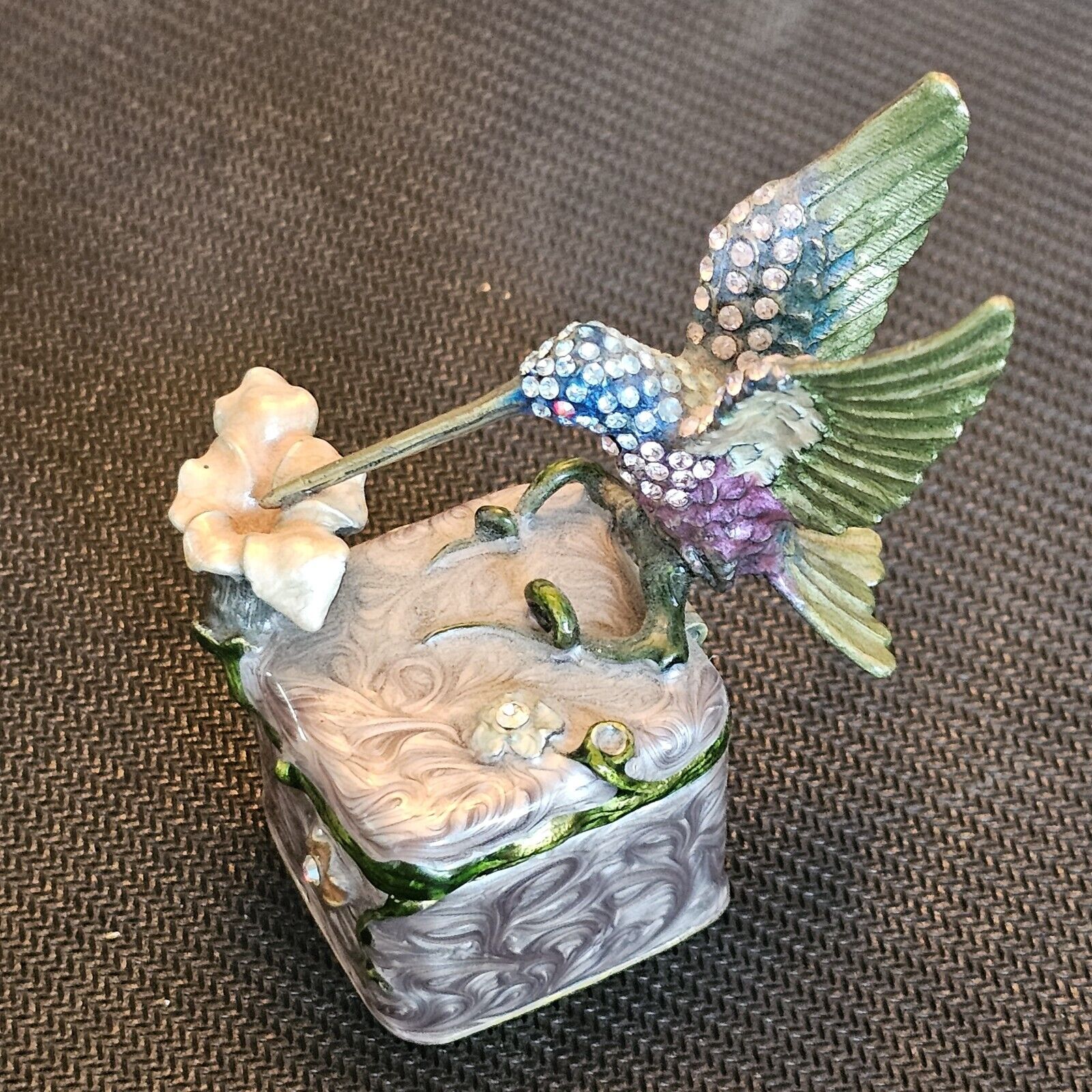 Vintage Hummingbird With Flower Enamel Metal Trinket Box With Jeweled Crystals