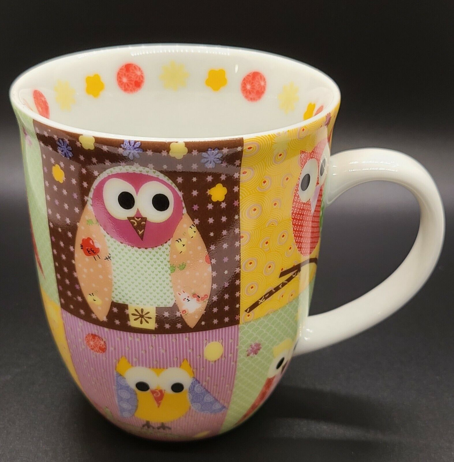 Owls By Creative Tops Ltd. Large Patchwork Coffee Mug Cup Design Inside Rim L6