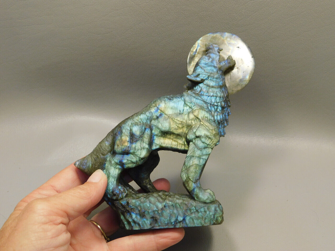 Howling Wolf Moon Figurine Labradorite 6 inch Coyote Carving #O445