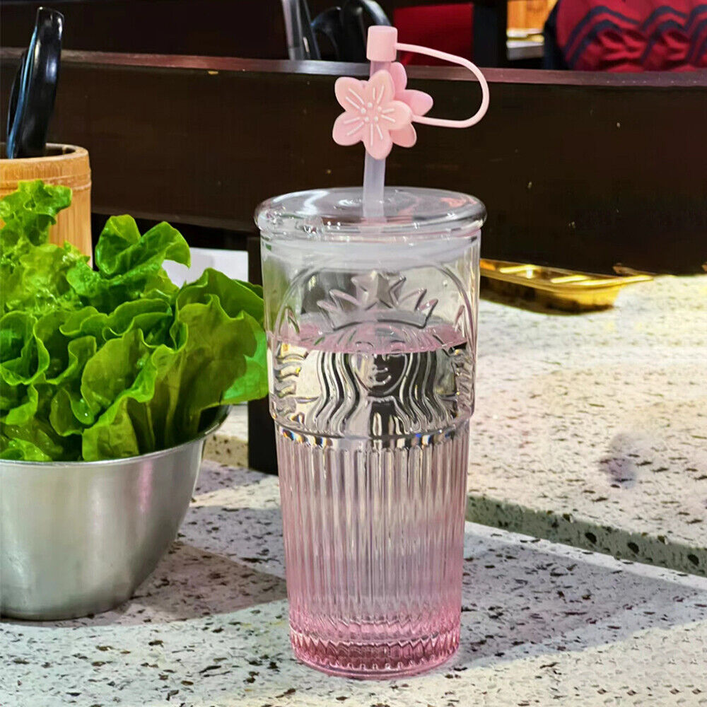 2024 For Starbucks Glass Cup Gradient Sakura Tumbler w/Cherry blossom Topper New