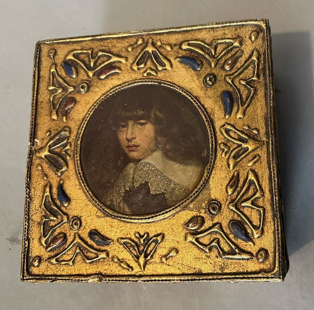 Antique Italian Gilt & Paint Decorated Wooden Keepsake Vanity Box with Portrait
