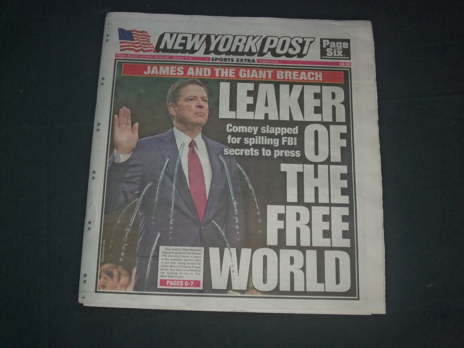 2019 AUGUST 30 NEW YORK POST NEWSPAPER -JAMES COMEY LEAKED FBI SECRETS TO PRESS